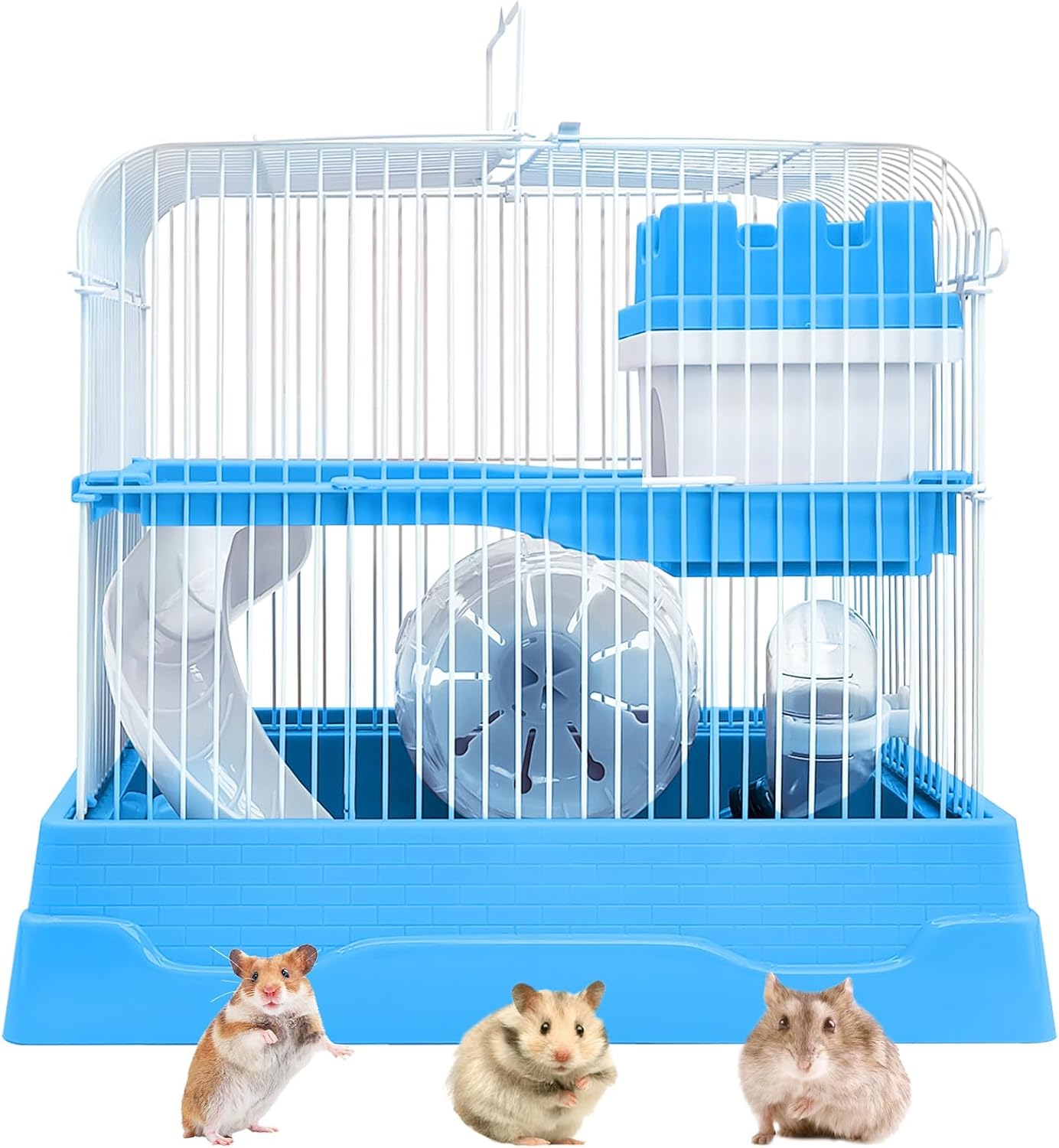 PINVNBY 2-Tier Dwarf Hamster Cage, Travel Portable Guinea Pig Cages Rat Cage and Habitats Small Animal Carrier with Castle House Exercise Wheels, Water Bottle and Food Dish(Blue)
