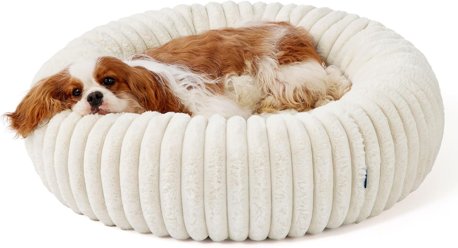 Bedsure ComfyFleece™ Donut Medium Dog Bed - Washable Faux Fur with Corduroy Fleece & Anti Slip Bottom, Round Pet Bed with Removable Cover, Cream, 30x30x8 inches - Image 8