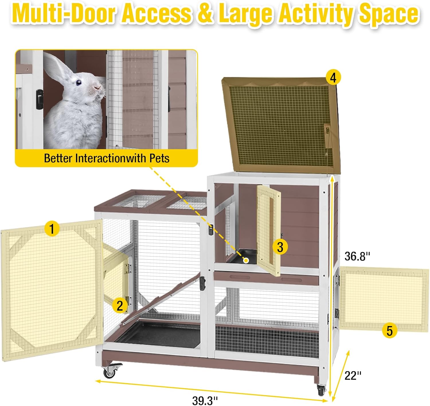 Aivituvin 39.3" Large 2-Story Rabbit Hutch, Indoor Outdoor Bunny Cage with Chew-Proof Ramp, Leak-Proof & Easy-to-Clean Tray, Lockable Wheels, for Rabbits & Guinea Pigs - Image 5