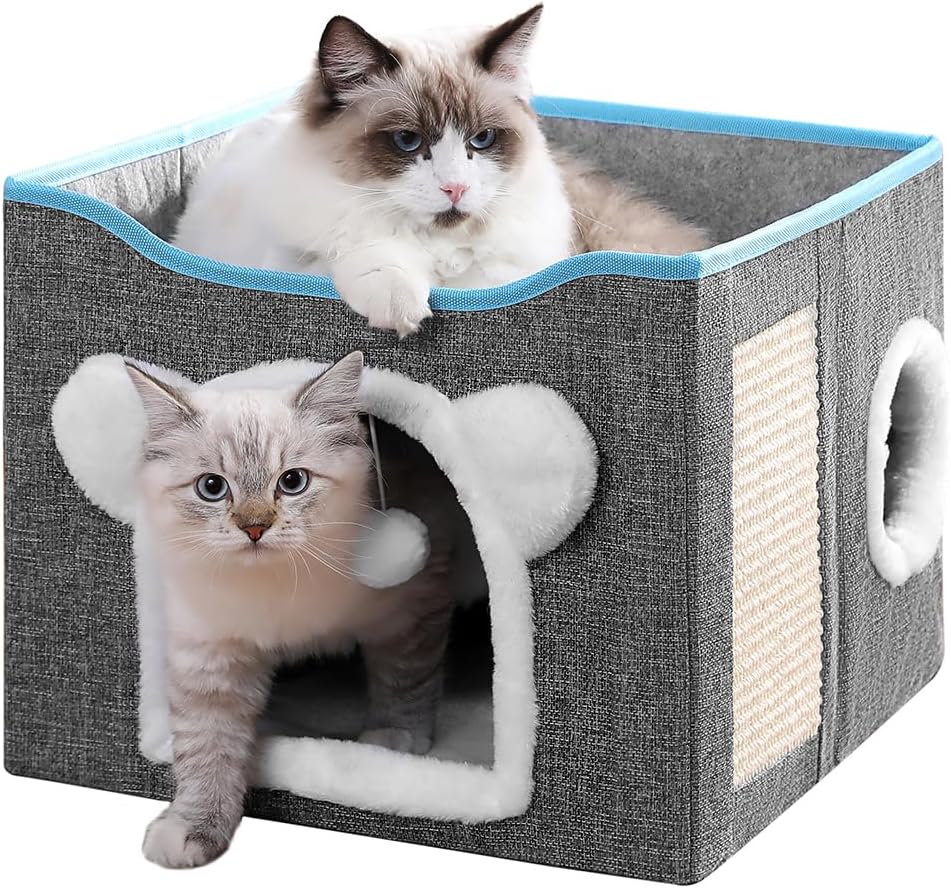Cat House for Indoor Cats, Large Cat Bed Cave with Scratch Pad and Fluffy Ball, Foldable Cat Hideaway Condo, Kitten Bed, 16x16x13inch (Grey, Large)