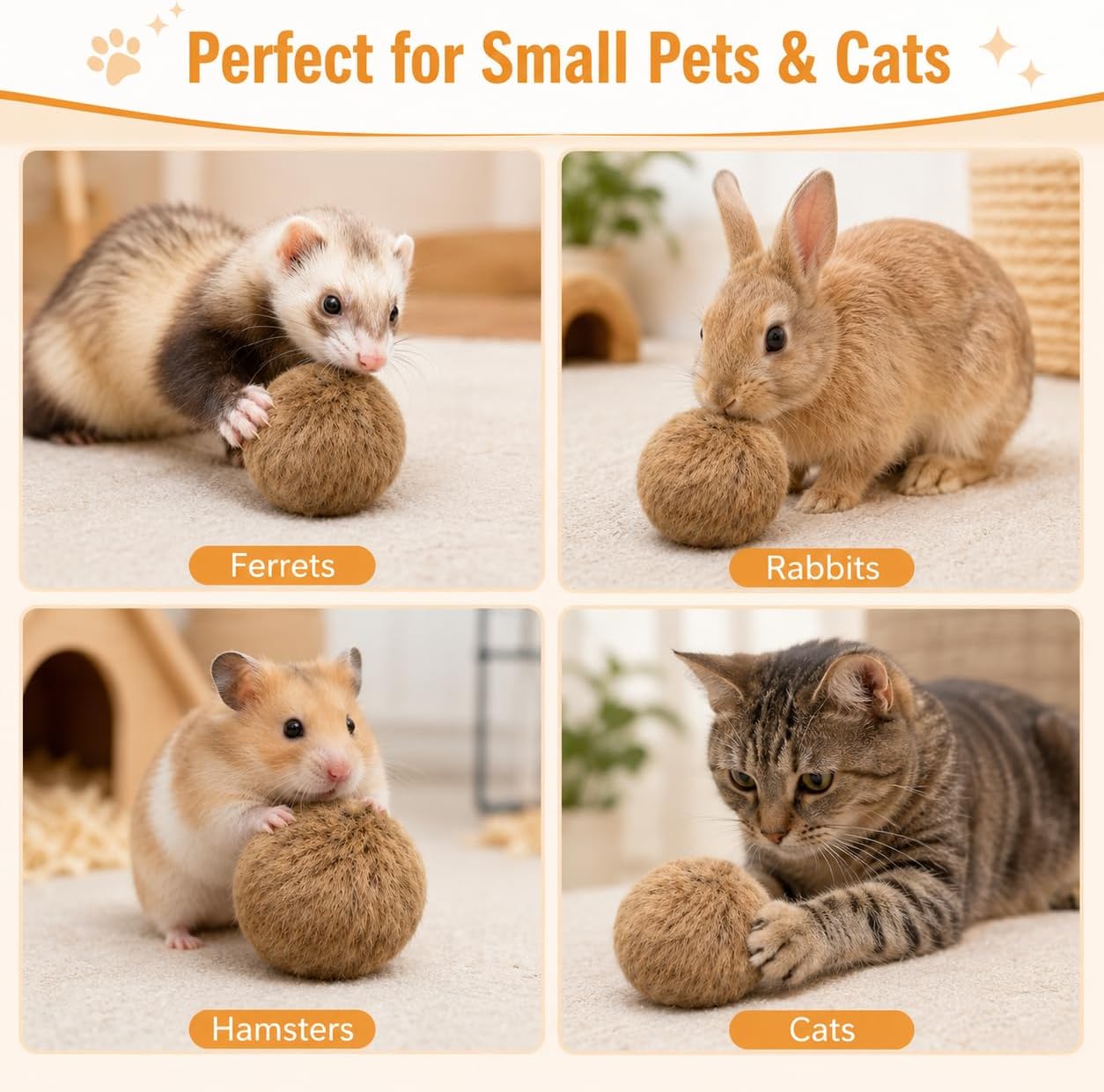 6PCS Furry Ferret Toy Ball, Soft Plush Small Pet Exercise Ball with Cotton Filling, Interactive Chew Toy for Ferrets, Rabbits, Hamsters, Cat, Relieve Boredom & Anxiety - Image 5