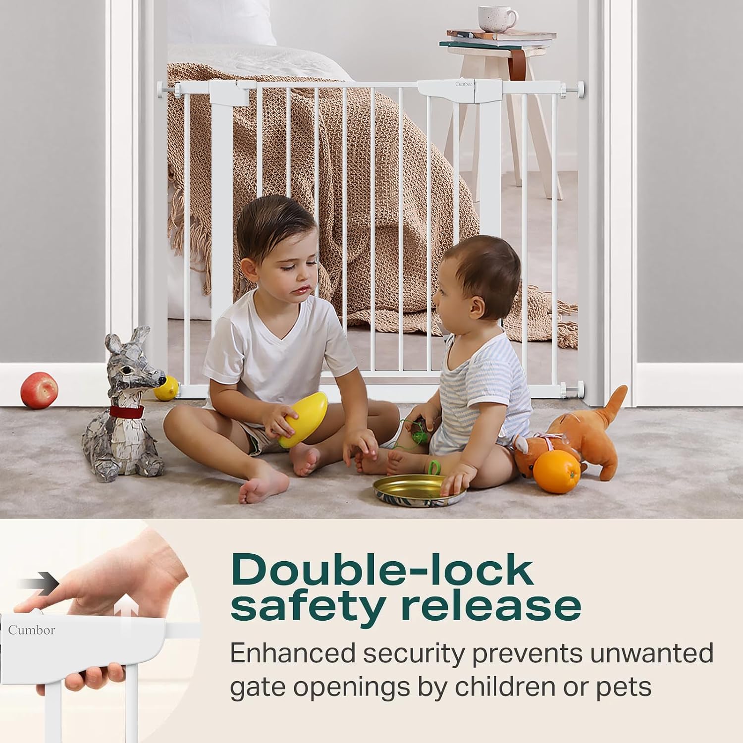 Cumbor 29.7-40.6" Baby Gate for Stairs, Mom's Choice Awards Winner-Dog Gate for Doorways, Pressure Mounted Auto-Close Pet Gates for Dogs Indoor, Safety Child Gate with Easy Walk Thru Door, White - Image 4