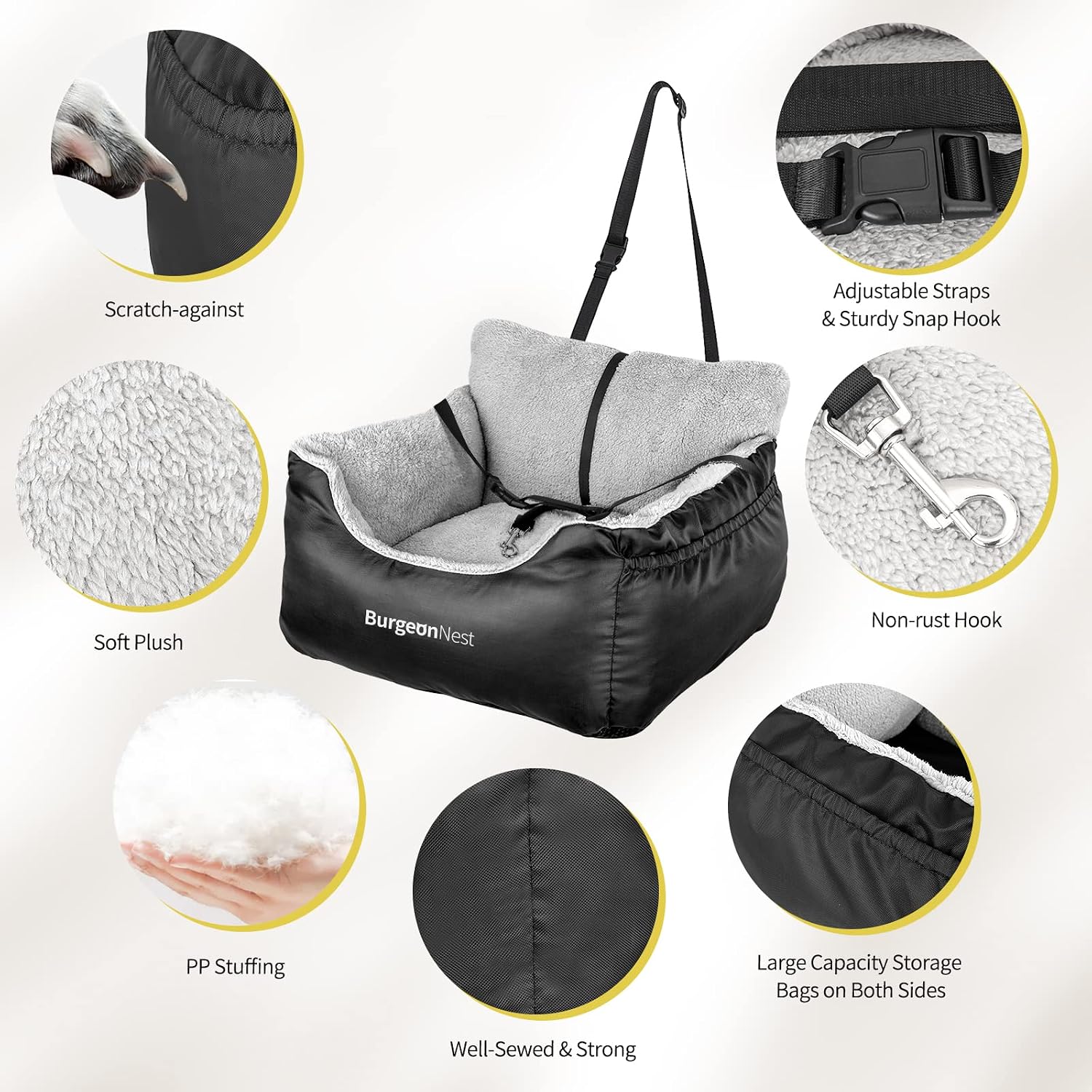 BurgeonNest Dog Car Seat for Small Dogs, Soft Pet Car Travel Home Bed Under 25 lbs, Fully Detachable and Washable Cat Booster Carseats with Storage Pockets and Clip-On Leash Portable Carrier,Black - Image 4