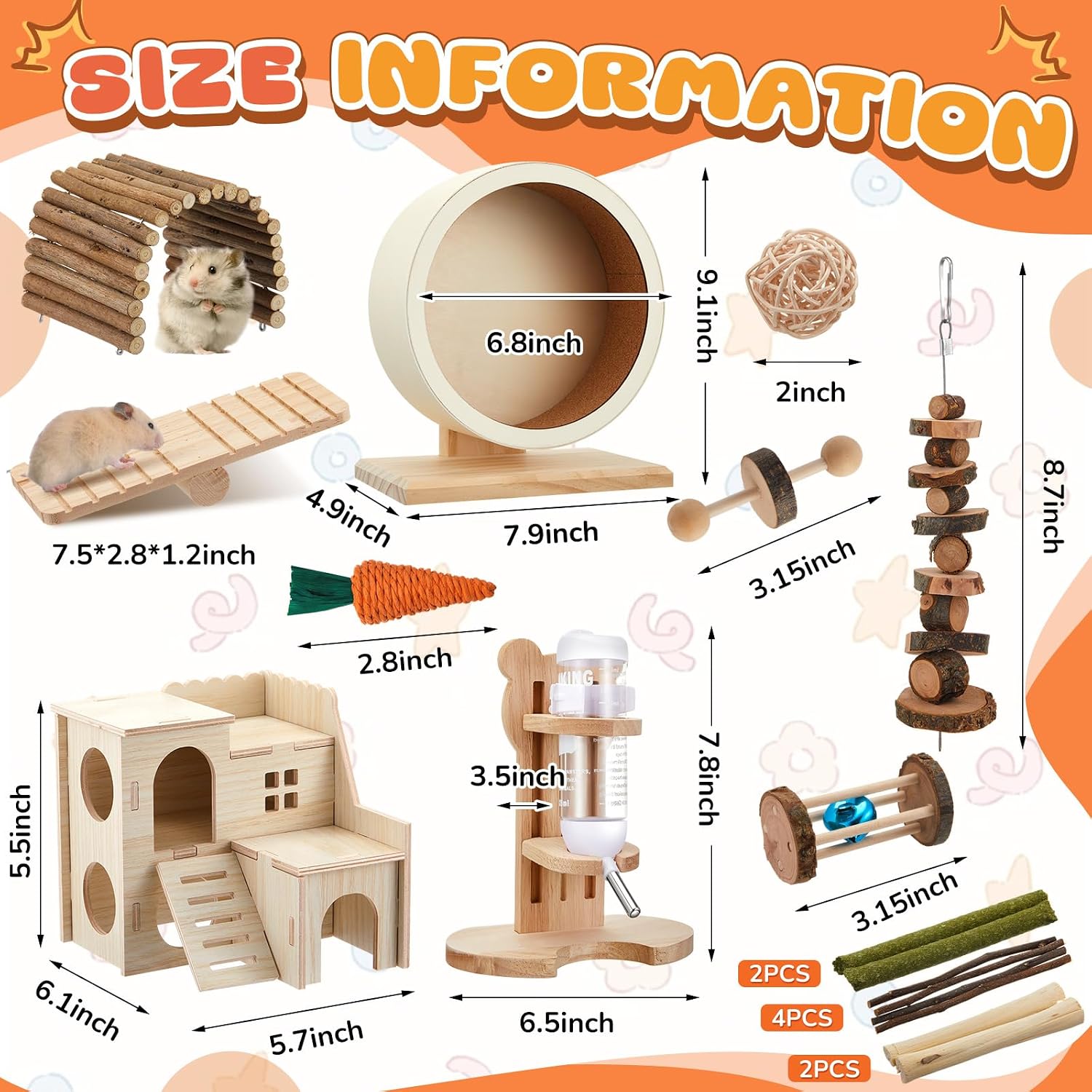 18 Pcs Hamster Cage Accessories, Silent Hamster Wheel, 15 Chew Toys Set, Maze Wood House and Water Bottle Set for Rat Mice Small Animals Habitat (Harmony Wooden Style) - Image 3