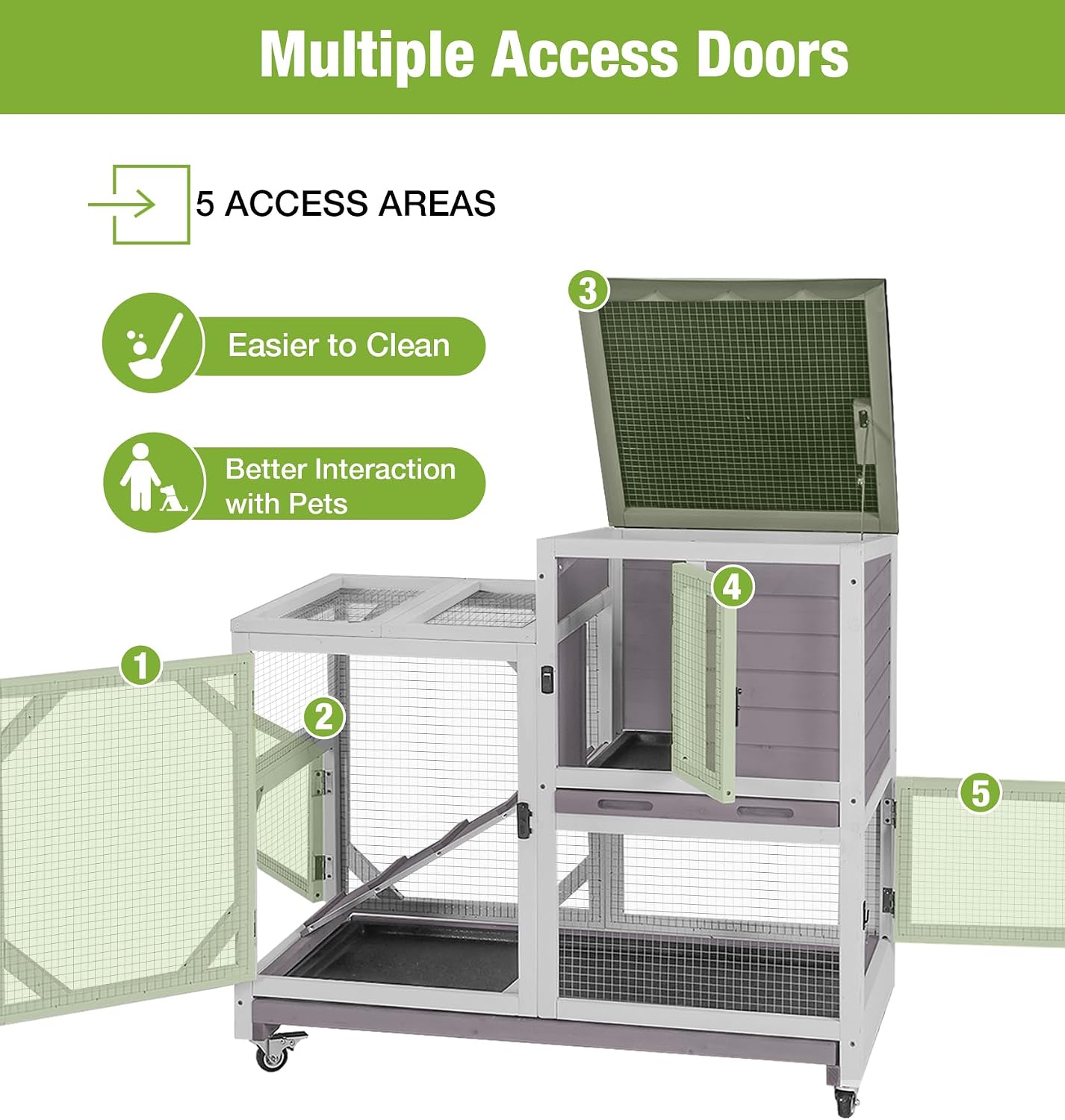 GUTINNEEN Duplex Rabbit Hutch Indoor with Chew-Proof Frame & 2 Leak-Proof Sliding Trays, Rain Cover, Wooden Guinea Pig Cages with Wheels - Grey - Image 6