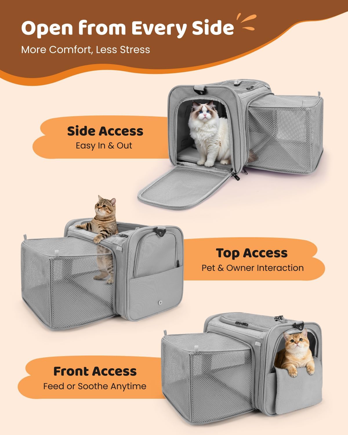 MIDOG Cat Carrier Soft for Small-Medium Cats Up to 15lbs, Airline Approved | Expandable Square Design,Comfort & Breathable Window,Equipped with anti-slip lock zippers and an internal safety leash - Image 3
