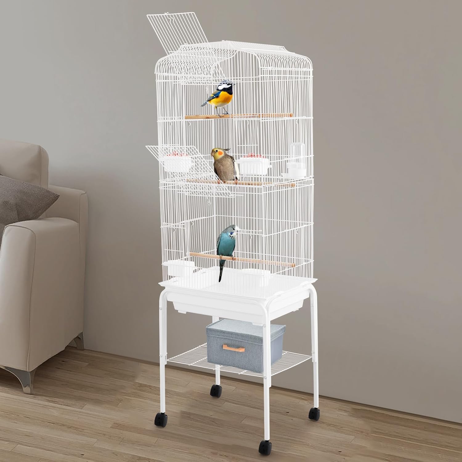 Bird Cage with Stand 54 Inch Birdcages with Pull-Out Tray, Rolling Bird Cage Stand with Wheels for Parakeets, Parrot, Cockatiel, Pigeon, Finch Cage for Birds(White) - Image 6