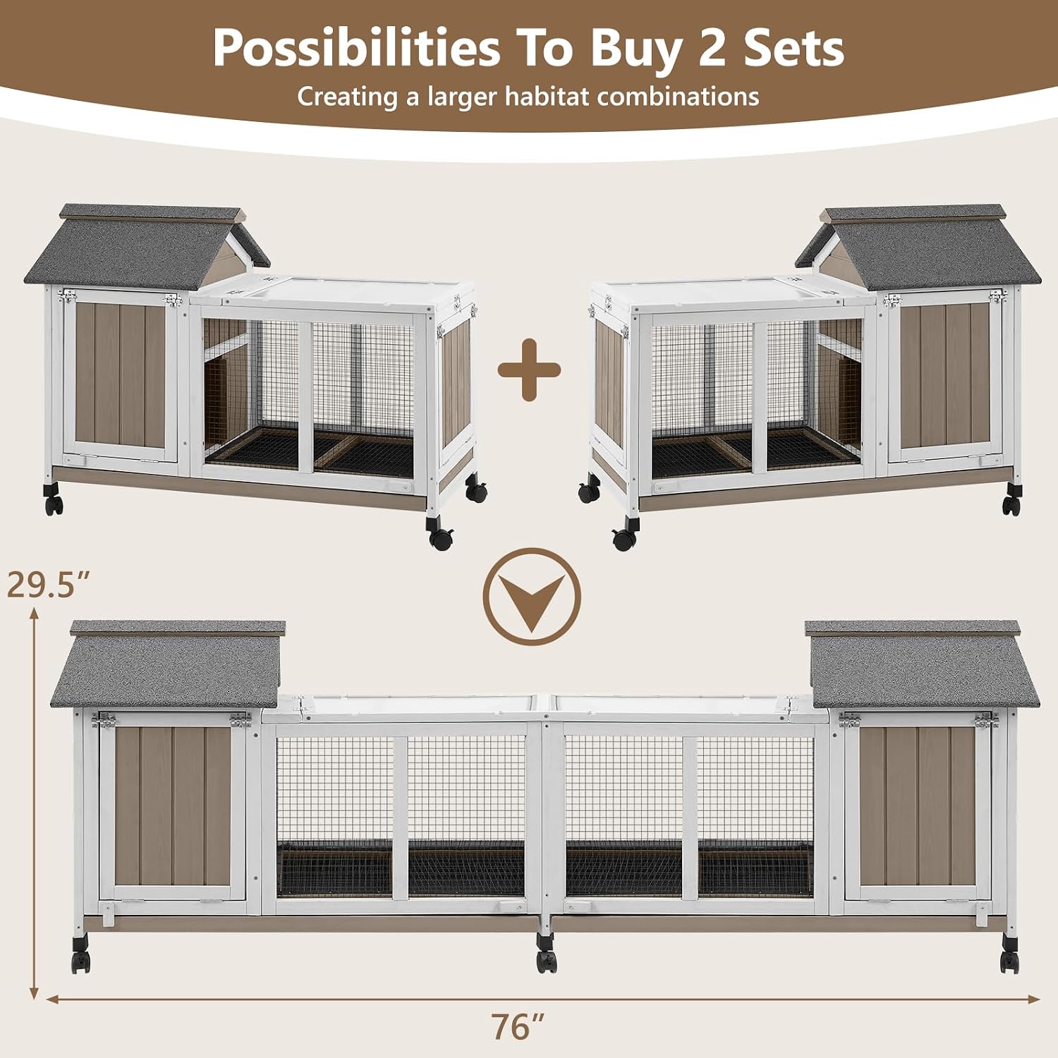 38''L Rabbit Hutch Outdoor with Wheels, Wooden Expandable 2 Story Bunny House Rabbit Cage Indoor with Run, Pull Out Tray, Waterproof Roof, Guinea Pig Cage Chicken Coop for Small to Medium Pets - Image 4
