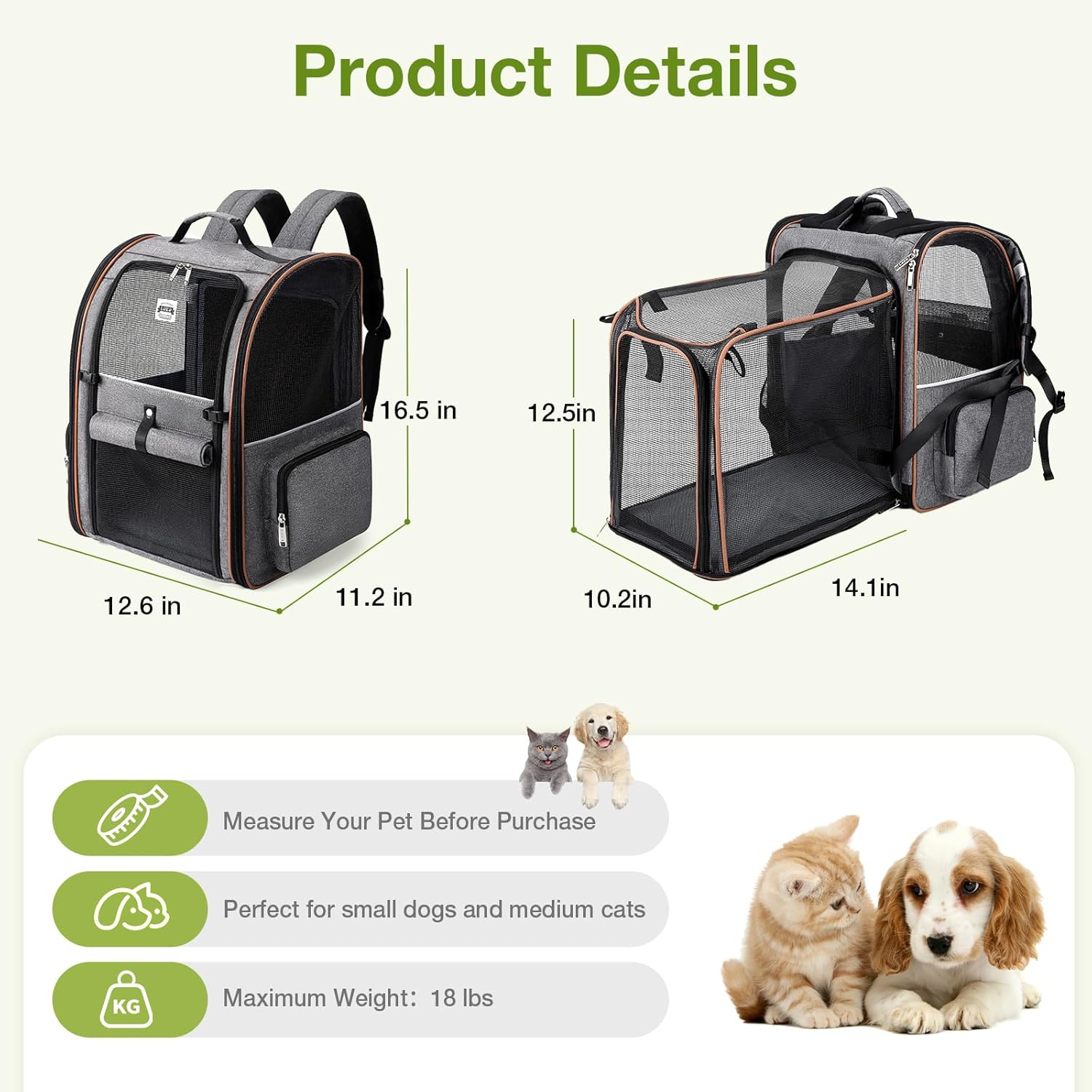 Cat Carrier Backpack, Expandable Pet Carrier with Sun Shade & Full Front Opening, Breathable Mesh Backpack for Small Dogs & Medium Cats Up to 18 Lbs, Foldable for Hiking, Camping (Grey) - Image 2