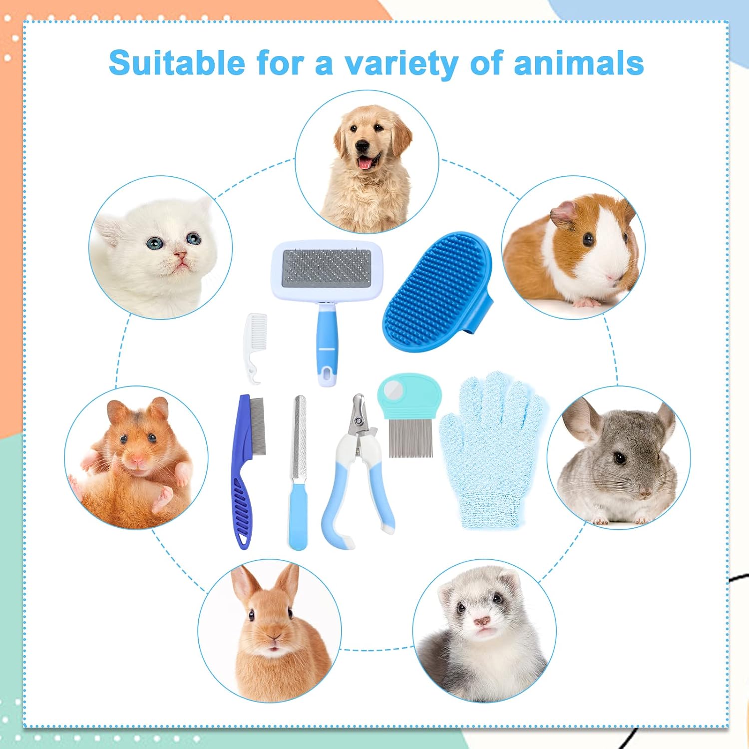 VCZONE Small Animal Grooming Set: Pet Nail Clipper & File, Flea Comb, Shampoo Brush, Shedding Slicker Brush, Massage Glove, Cleaning Comb (Blue) - Image 7