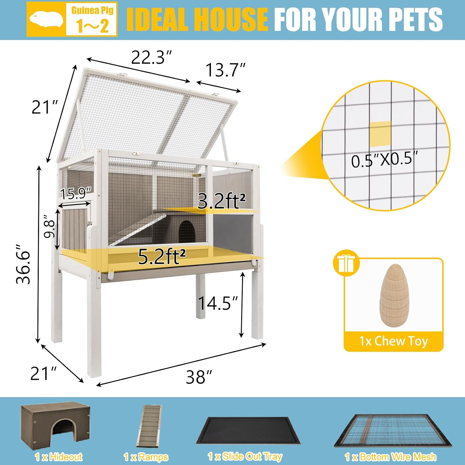 Ketive Guinea Pig Cages Indoor, Wooden Guinea Pig Cages with Stand, Rabbit Cage Hutch with Ramp and Hideout, Small Animals Cage Habitat with Not Leakage Pull Out Tray - Image 2