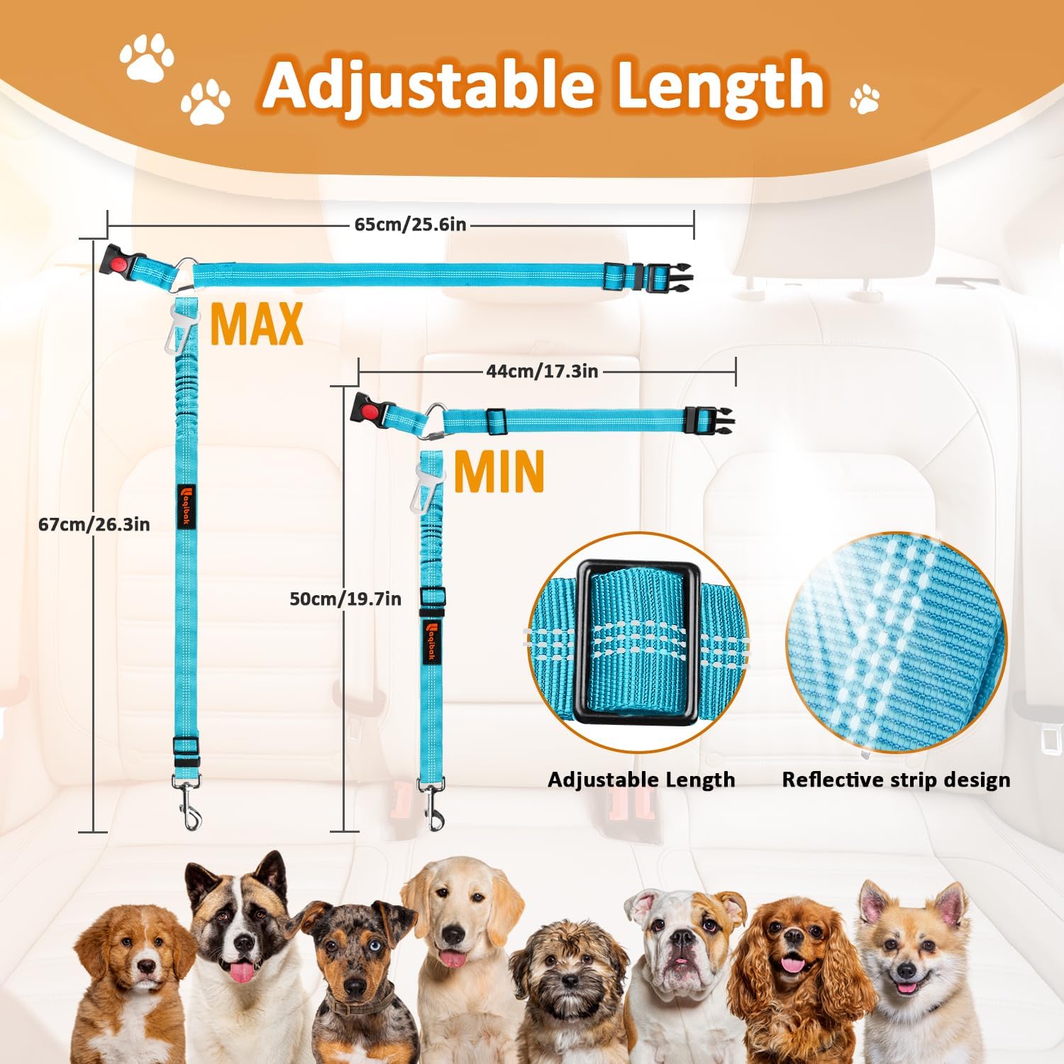 Removable Dog Seat Belt Harness for Car, 3 in 1 Pet Dog Car Seatbelt Leash, Retractable Restraint Secures to Vehicle Headrest & Adjustable Reflective Bungee Dog Seatbelt Tether, Blue and Black - Image 7