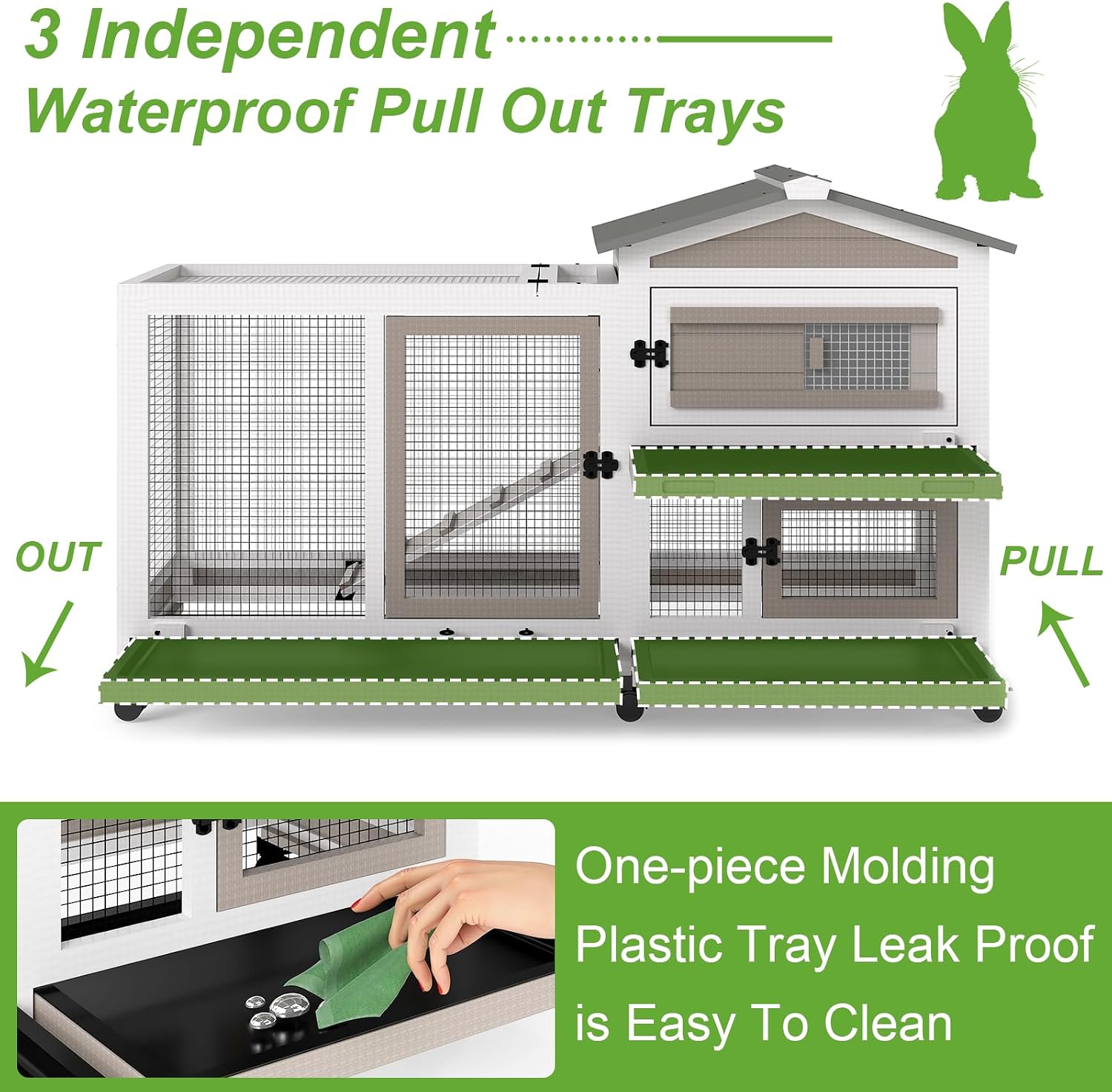 2 Story Rabbit Hutch Outdoor Indoor, Wooden Bunny Cage with 6 Lockable Wheels, 3 Removable No Leakage Pull Out Trays, Chew-Proof Ramp & Waterproof Roof, Ideal for Rabbit & Guinea Pig - Image 2