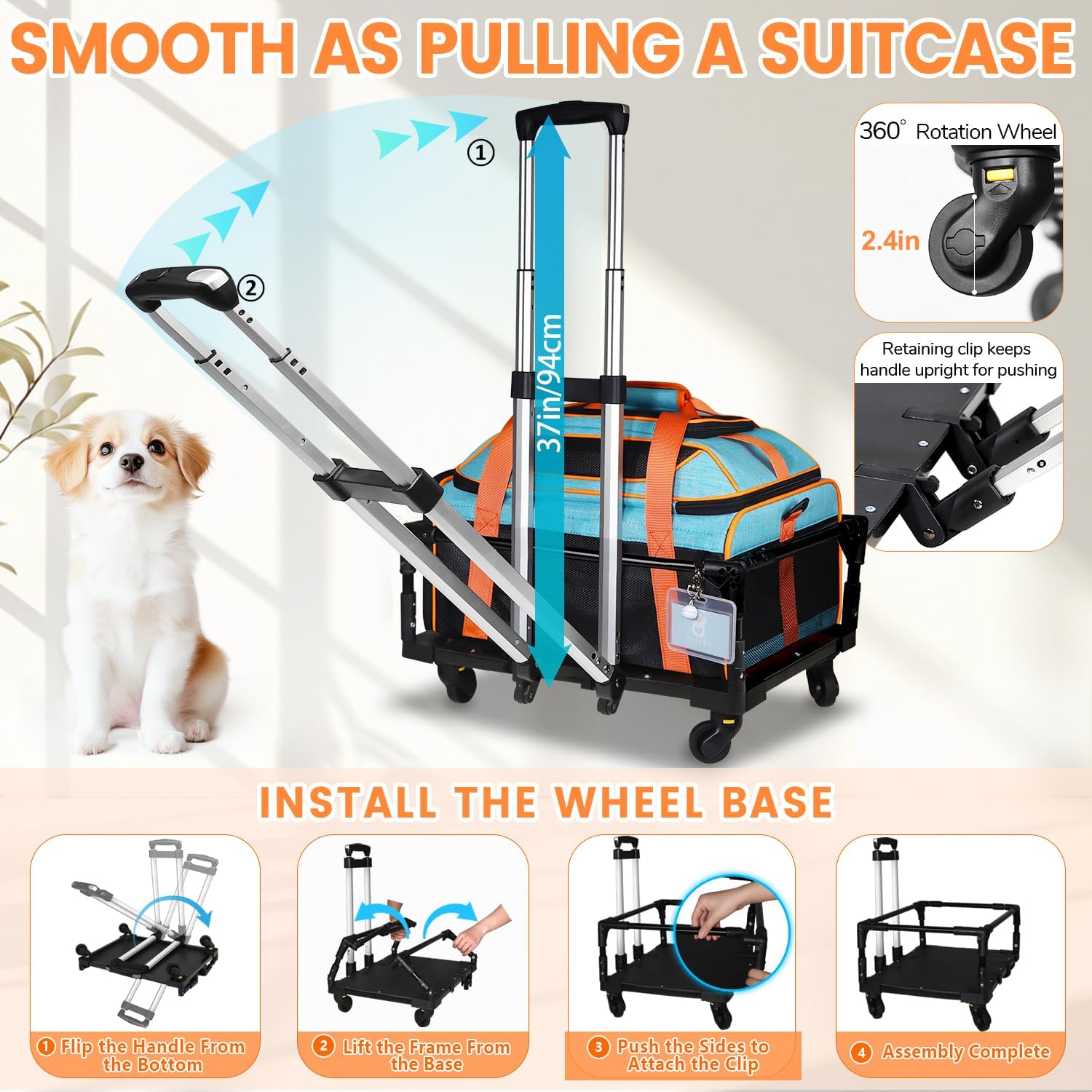 Petskd Top-Expandable Small Pet Carrier with Wheels (19" L x 13" W x 9" H), Southwest/Allegiant Airlines Approved, Rolling Pet Carrier for Small Dogs & Cats (Black) - Image 6