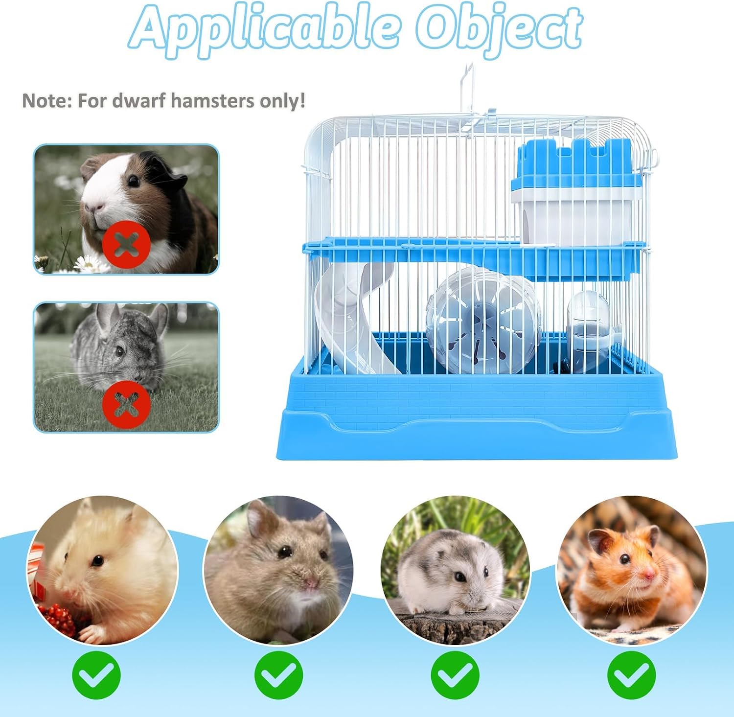 PINVNBY 2-Tier Dwarf Hamster Cage, Travel Portable Guinea Pig Cages Rat Cage and Habitats Small Animal Carrier with Castle House Exercise Wheels, Water Bottle and Food Dish(Blue) - Image 3