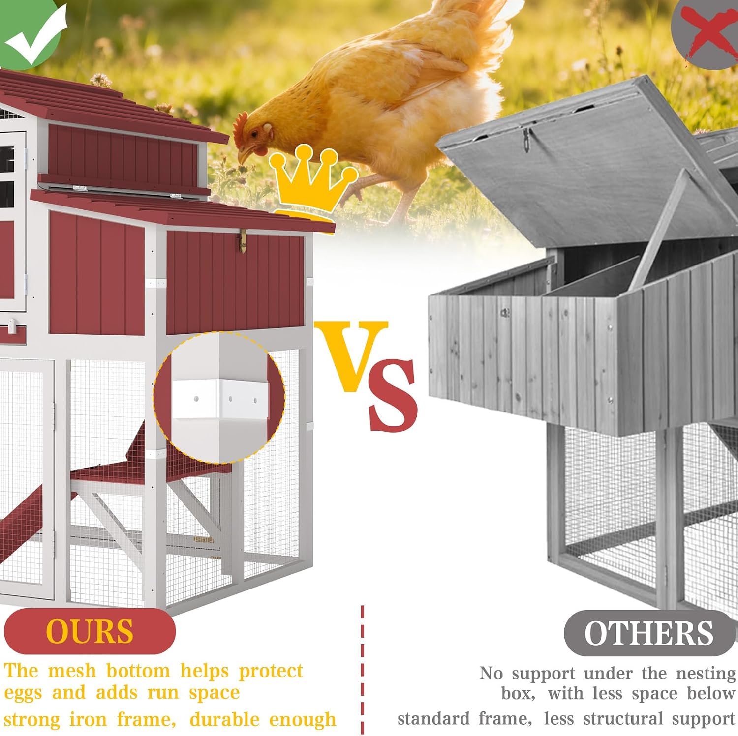 Large Chicken Coop with Run, Outdoor Hen House with 4 Sectionable Nesting Boxes, Poultry Duck House for 4-10 Chickens with 5 Perches, Leakproof Pull-on Tray and Ramp, Red - Image 4