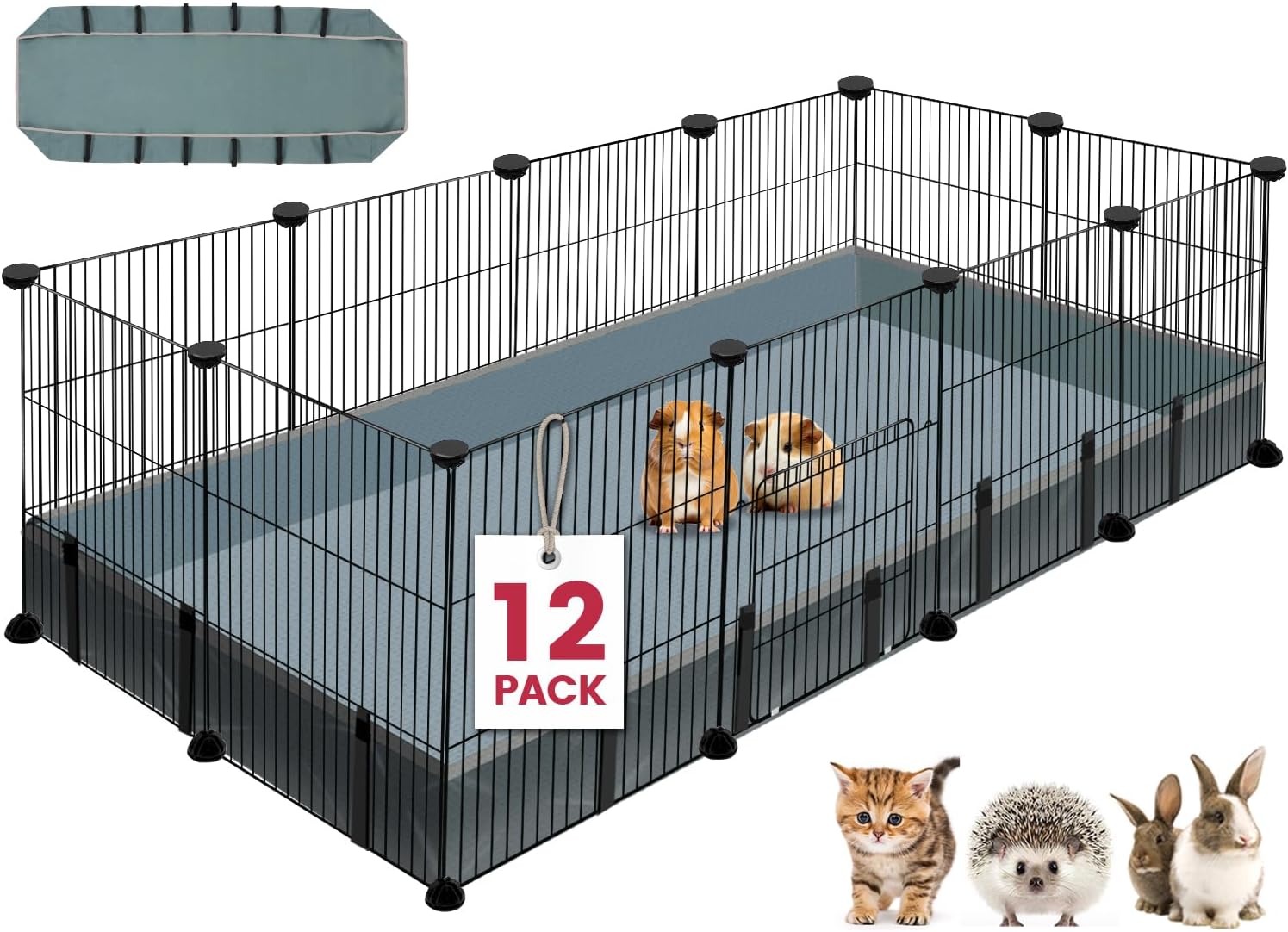 VISCOO 12 Panels Small Animal Playpen, 48" x 24" x 16" Pet Playpen with Waterproof Mat, C&C Cage for Guinea Pigs, Puppy Play Pen, Bunny Playpen, Indoor Outdoor Portable Metal Wire Yard Fence