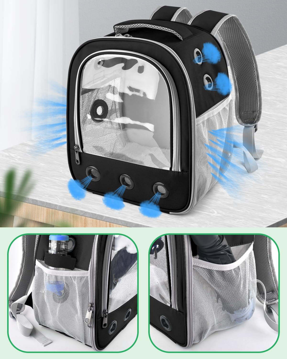 DBNESS Guinea Pig Carrier Backpack, Portable Rabbit Travel Carring Bag for Pet Bunny Chinchilla Bearded Dragon Hamster Parrot Outgoing Pouch Case with Water Bottle Holder & Detachable Pad (Black) - Image 4