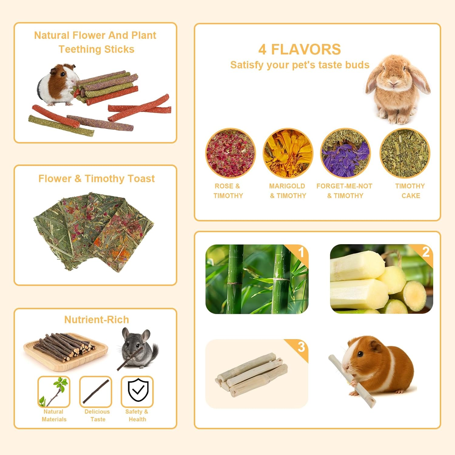 70PCS Rabbit Bunny Guinea Pig Chew Toys Treats, Chinchilla Hamster Chews Toys for Teeth, Timothy Hay Chips Treats Sticks for Rabbit Guinea Pig Chinchilla Hamster Rat - Image 6