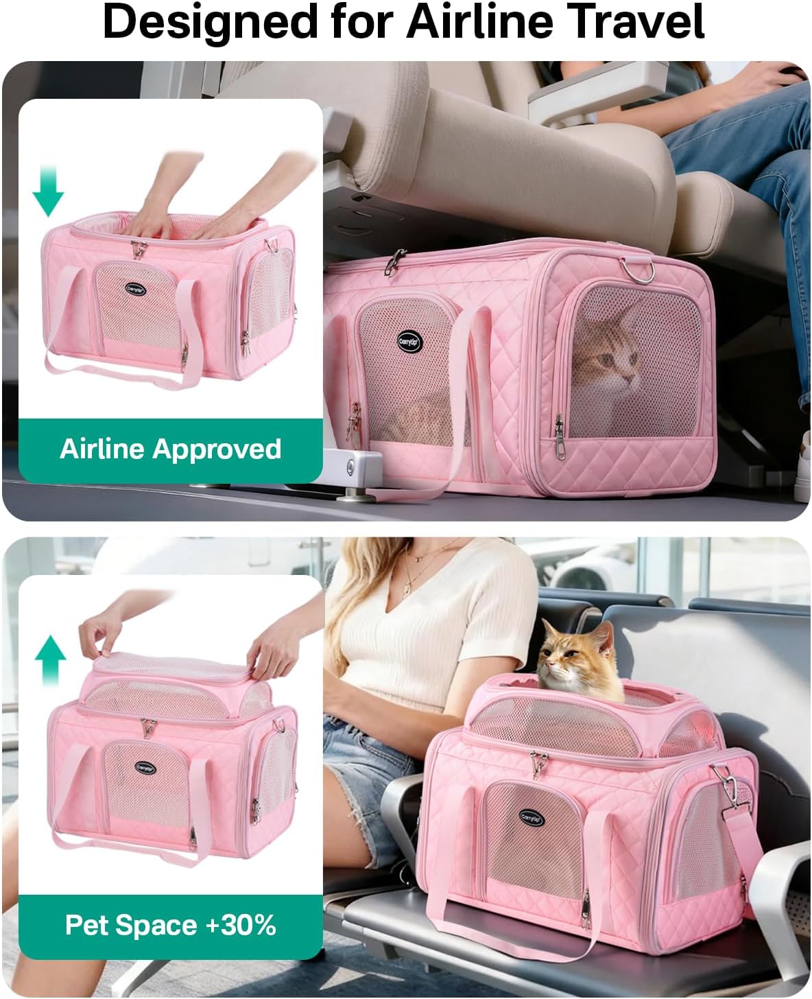 Cat Carrier Airline Approved 17x11x9.5 Inches, Top Expandable Soft Sided Pet Travel Carrier for Cats & Small Dogs, Fits Under Airline Seat with Locking Zippers, Pink - Image 3
