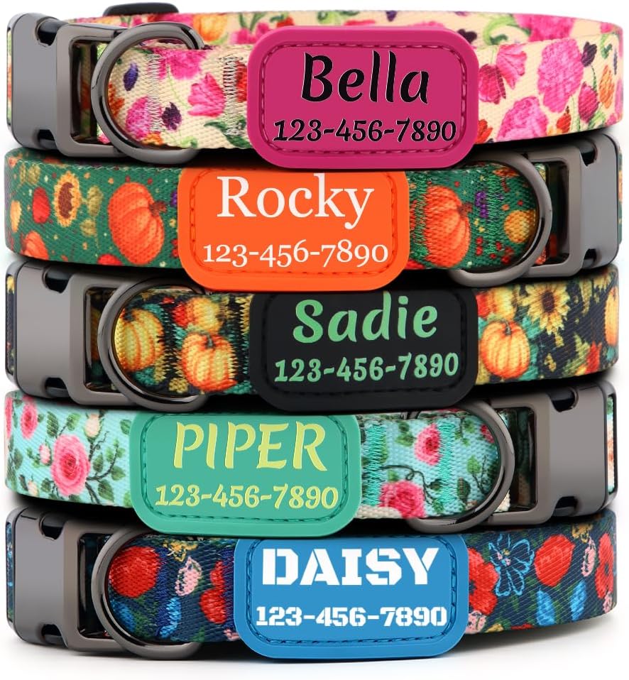 Personalized Floral Dog Collar with Name and Phone Number | Durable Metal Buckle | Cute Flower Girl Boy Dog Collar | Adjustable for Large Medium and Small Dogs