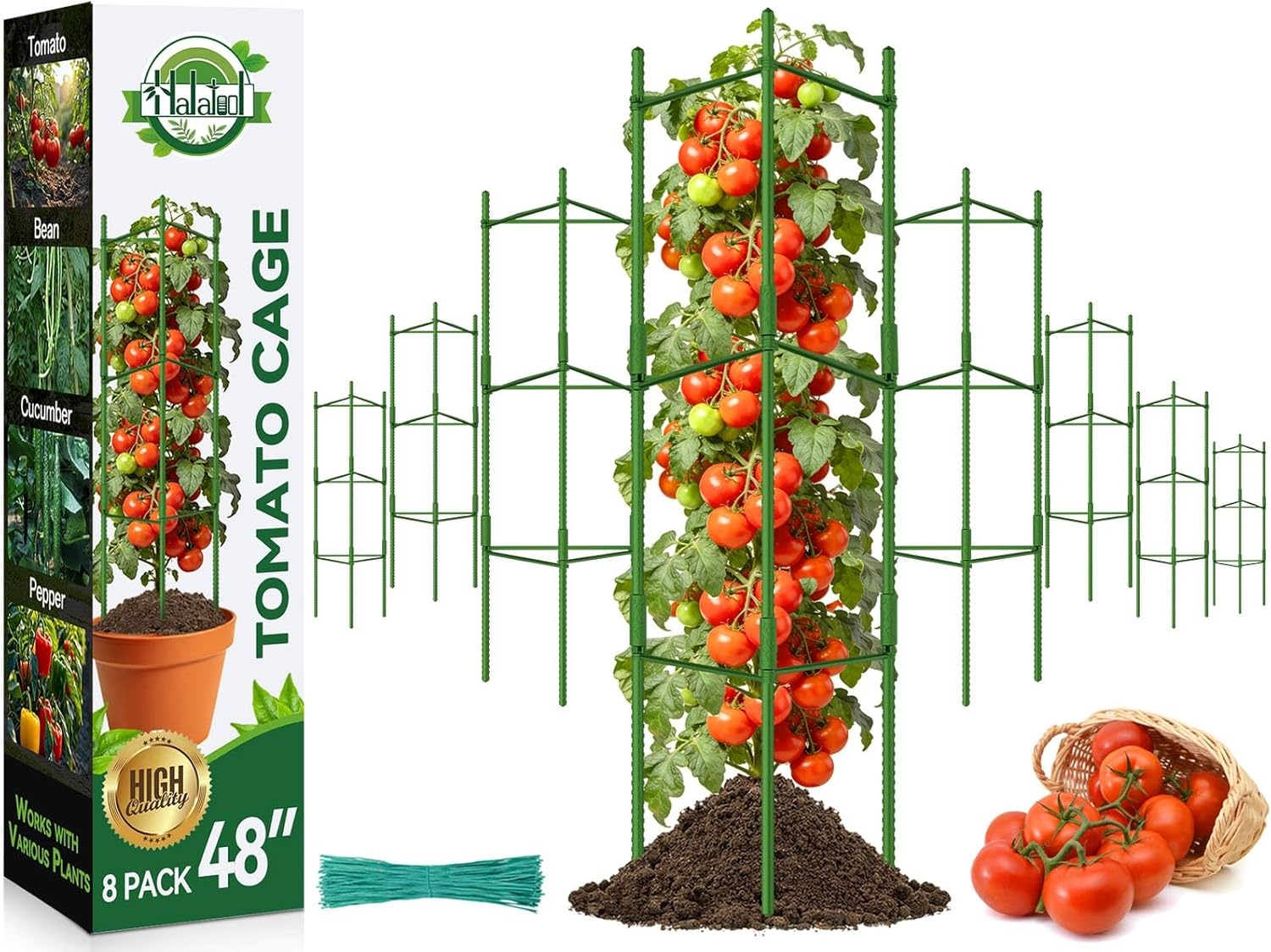 Halatool 8 Pack Tomato Cages for Garden, Up to 48in (4FT) Adjustable Tomato Cage, Garden Stakes Tomatoe Trellis for Pots, Tomatoes Plant Support for Raised Garden Bed & Climbing Vegetables Flowers