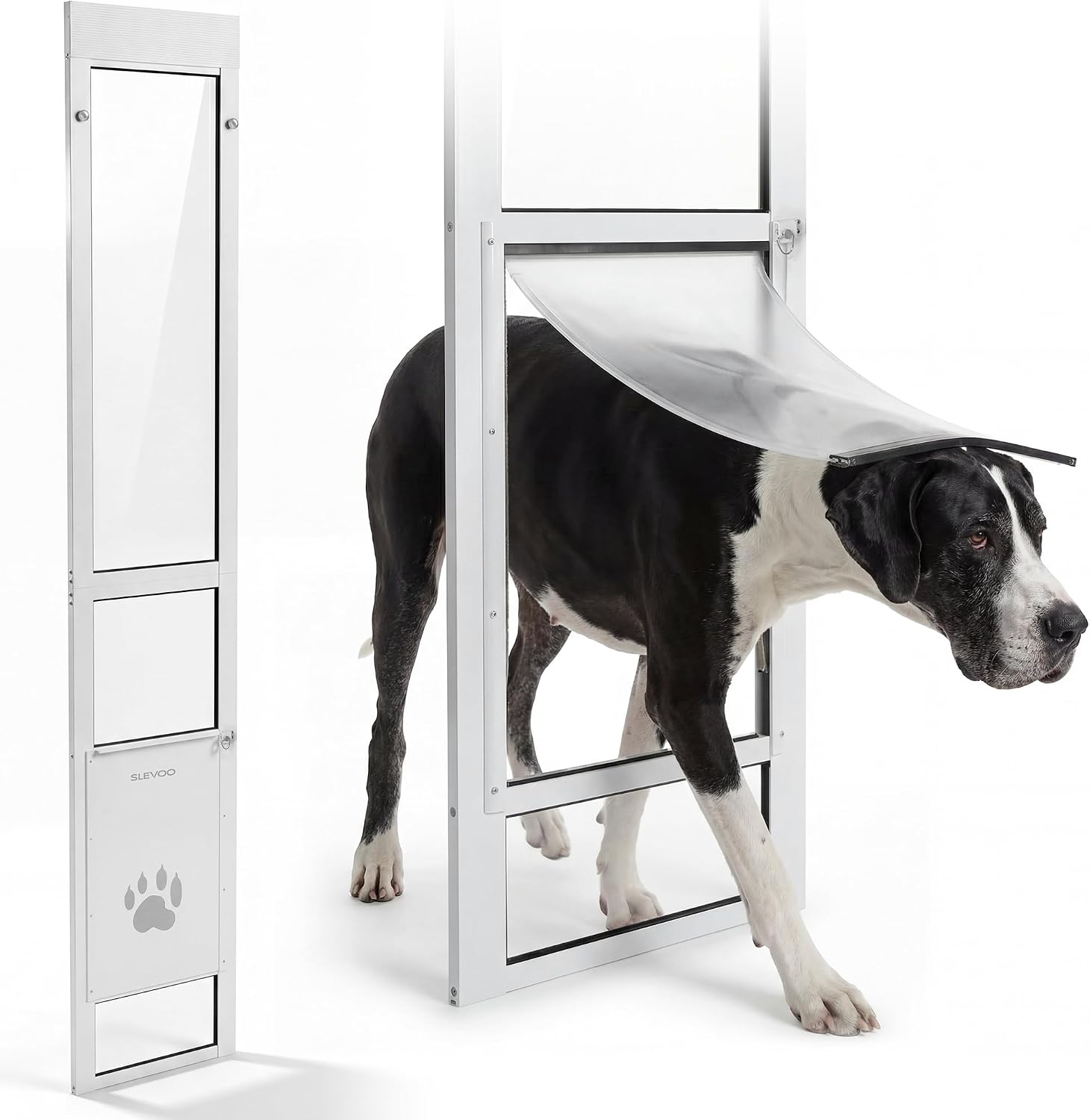 Slevoo Sliding Glass Dog Door, Height Adjustable 79 2" to 82" (Large-Tall) | No-Cut Installation, Upgraded Silicone Flap, Weatherproof & Secure Pet Door for Medium/Large Dogs, White Aluminum Frame