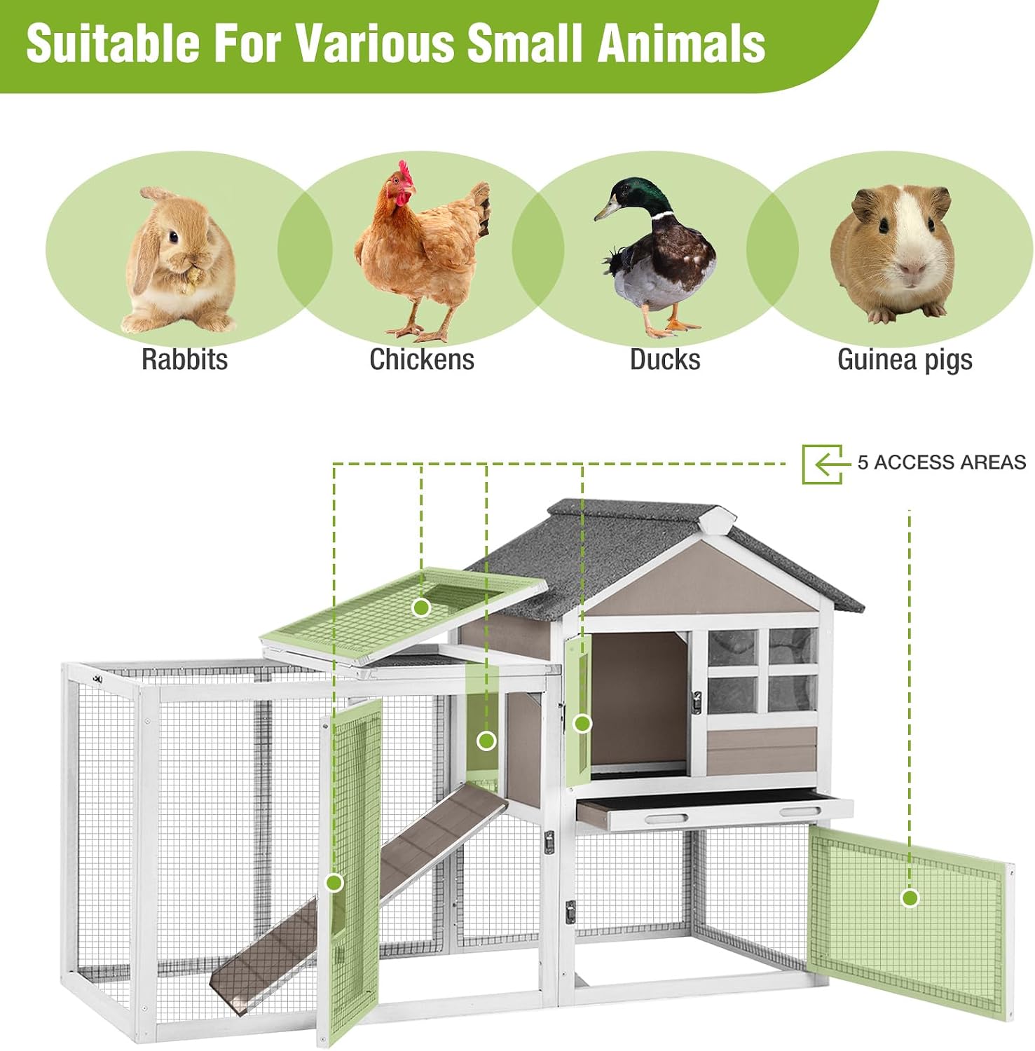 Rabbit Hutch Indoor or Outdoor, Wooden Bunny Cage with Chew-Proof Ramp, Mobile Rabbit House with Wheels, Guinea Pig Cages with Leakproof Tray and Waterproof Roof (Brown) - Image 6