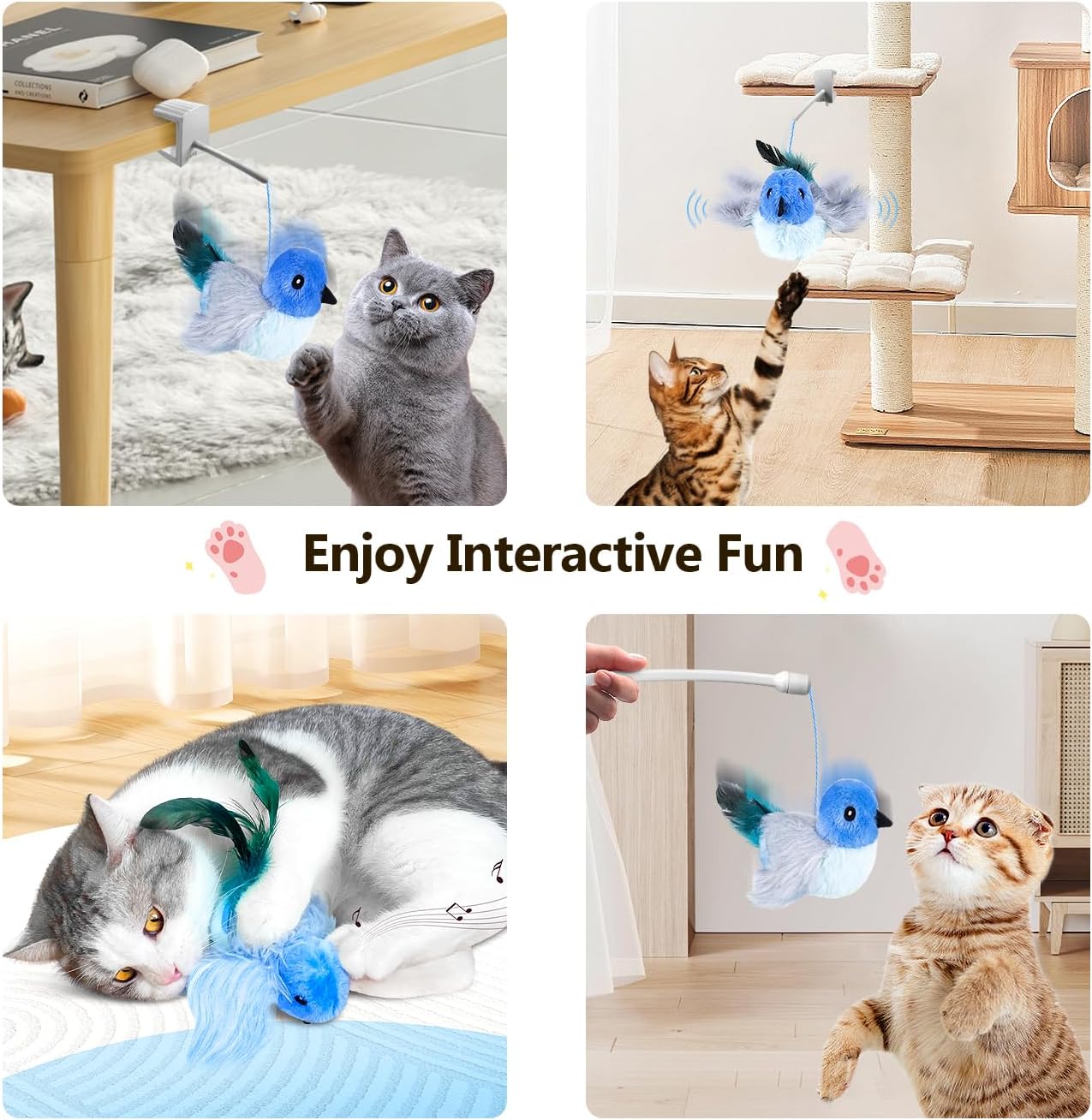 Migipaws Interactive Flapping Bird Cat Toys with Rod, clamp, Elastic String and Catnip, Automatic Chirping Toys for Indoor Cats to Chase, Hanging Feathers for Kitten to Self Play,Rechargeable(Blue) - Image 2