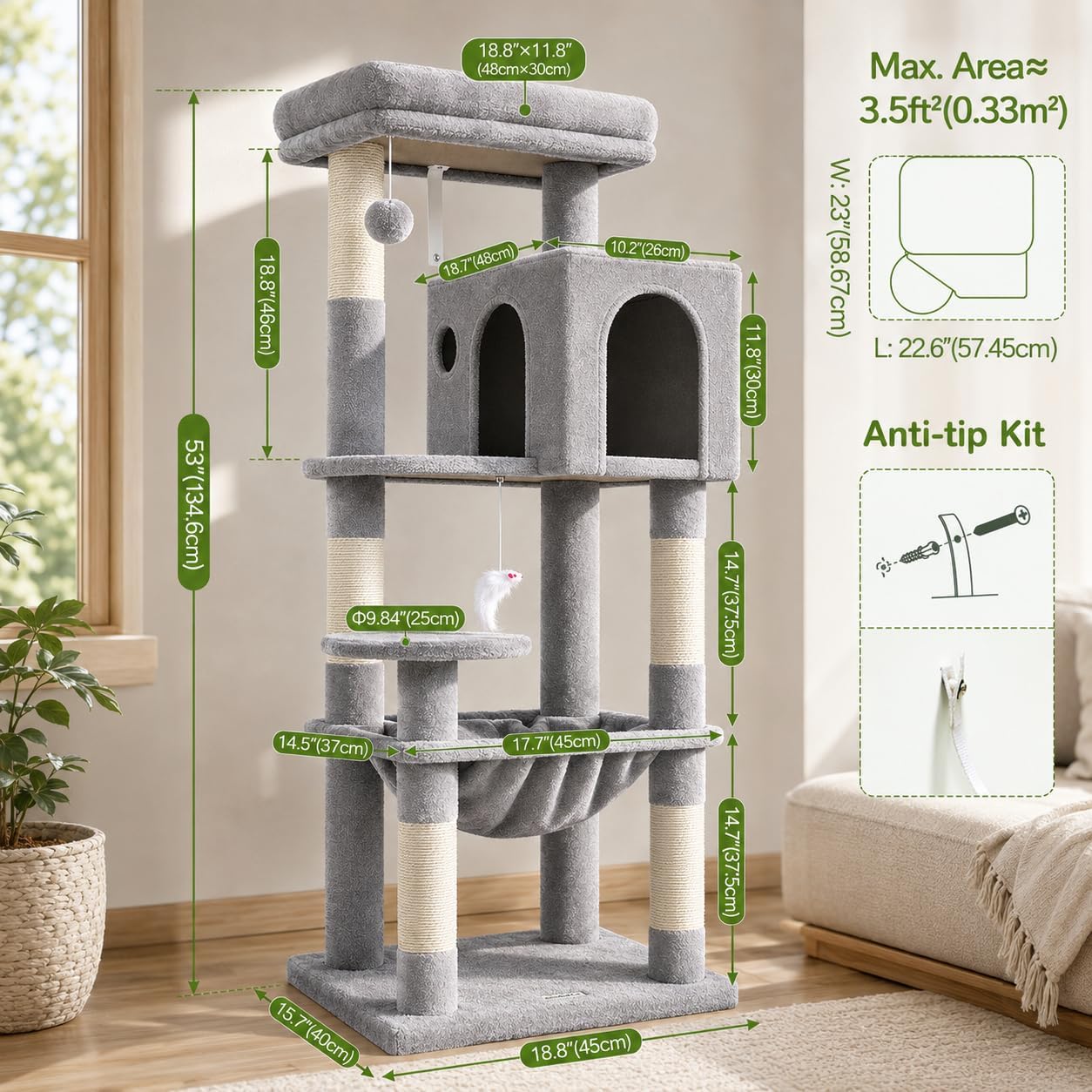 Globlazer Cat Tree Tower with Scratching Post for Indoor Cats, 53inch Tall Plush Multi-Level Cat Climbing Tower Condo House with Large Hammock, Spacious Cat Cave, Padded Top Perch Bed, F53, Light Gray - Image 6