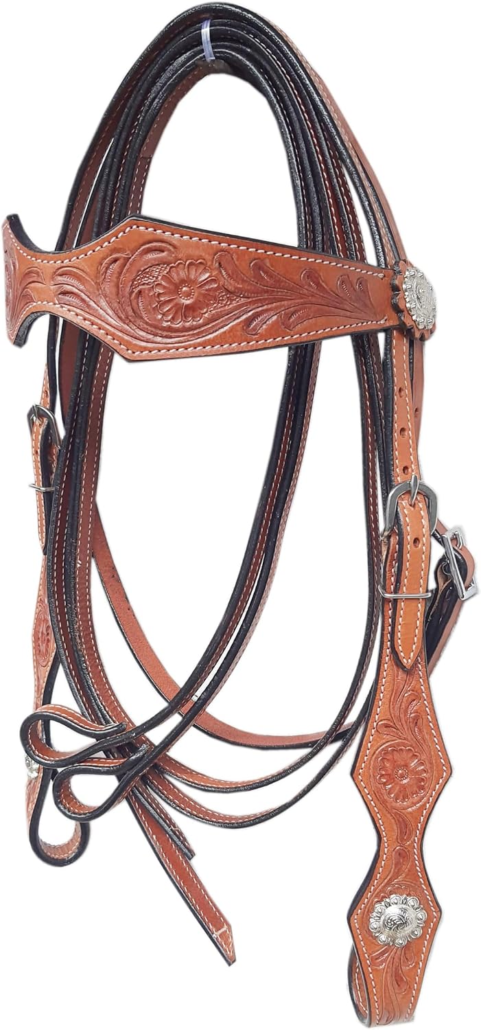 Western Leather Horse Headstall and Reins Combo Natural Antique Tooling, Quick Bit Change Adjustable Browband Headstall and Free Size Reins for Horses - Image 5