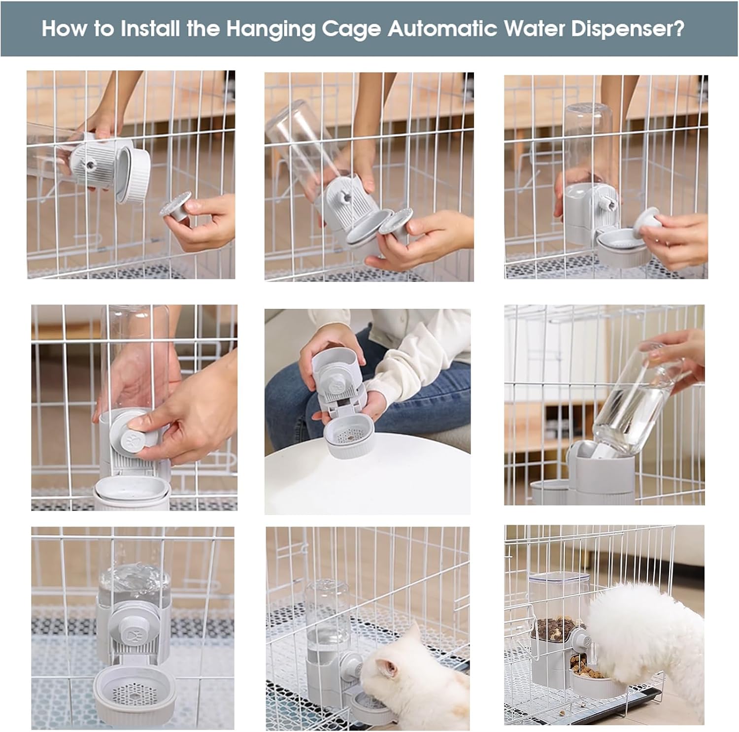 Yummy Sam Hanging Cage Automatic Small Pet Food Bowl Water Bottle Dispenser, Detachable Auto Gravity 1.2L Self-Feeding Feeder and 0.52L Waterer Set Kennel Feeding Station for Puppy Cats Rabbit(Grey) - Image 3