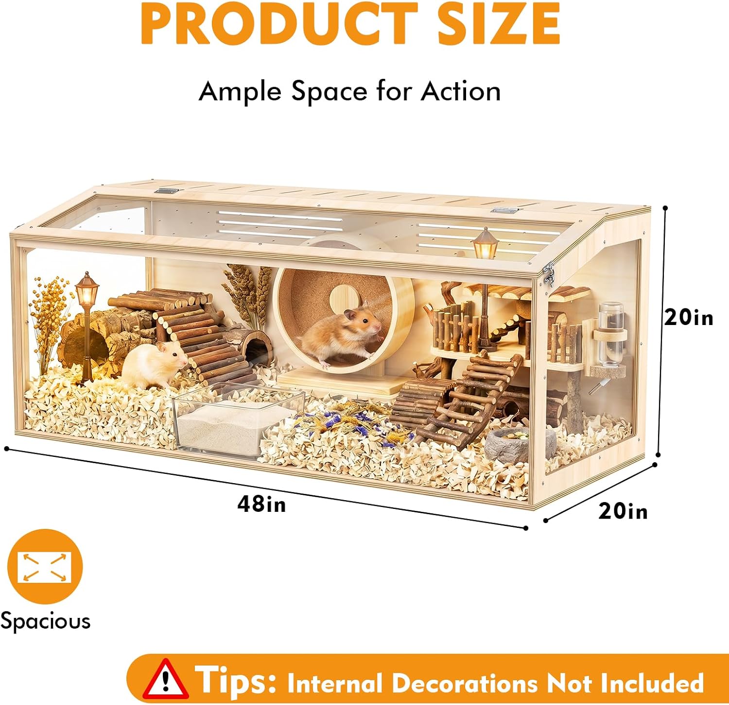 XiaZ Hamster Cage,48Inch Large Hamster Tank with Panoramic View and Ventilated Top, Spacious Acrylic Glass Habitat for Syrian Dwarf Hamsters and Degus, Natural Wood Frame Enclosure - Image 3