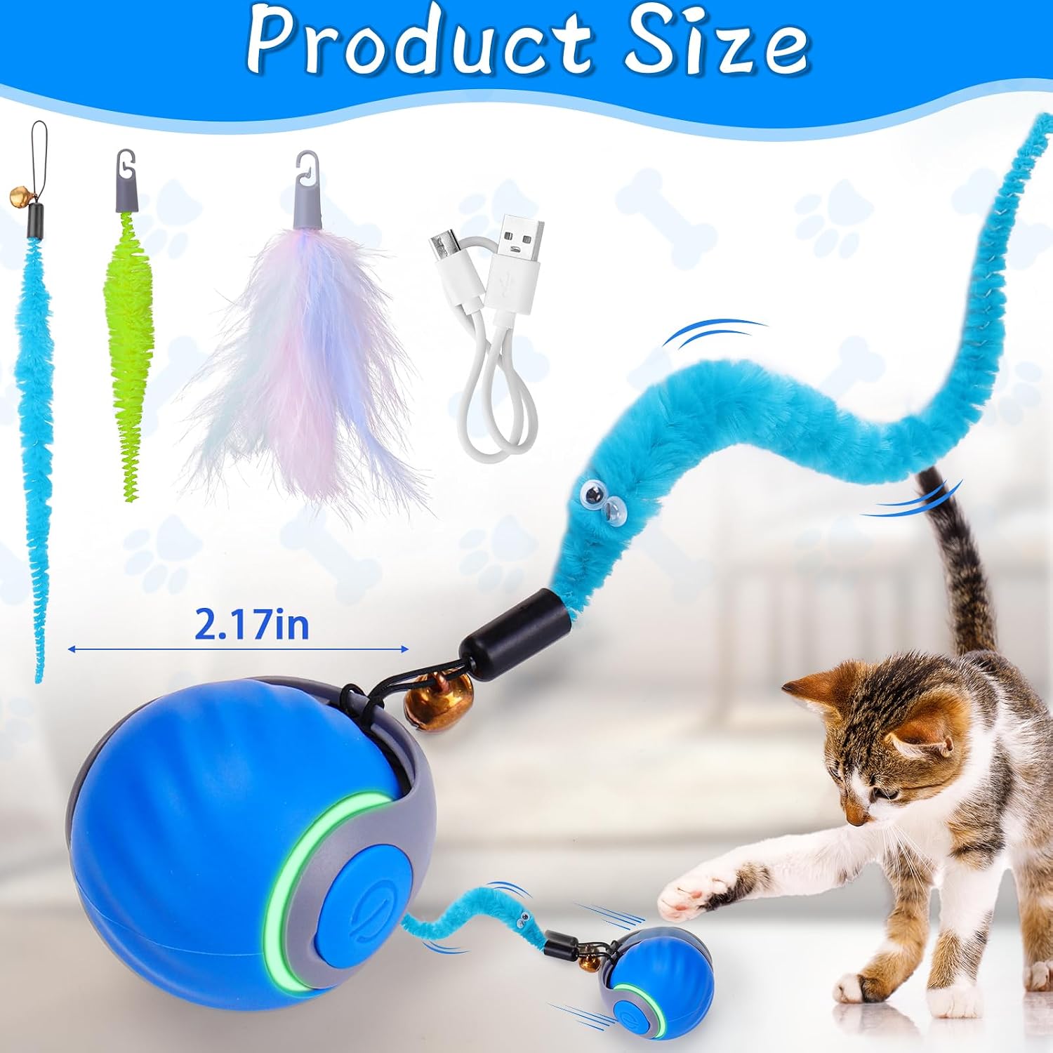 BABORUI Interactive Cat Toy Ball - Automatic Interactive Cat Toys for Indoor Cats with 3 Tails, 2 Speeds Rechargeable Cat Enrichment Toys for Small/Medium/Large Cats to Keep Them Busy(Blue) - Image 5
