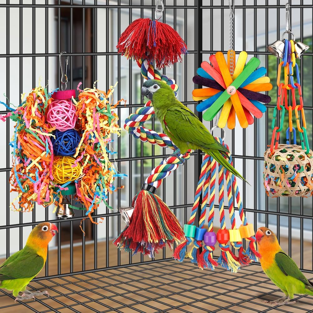 Bird Toys Rope Perch with Bell Colorful Bird Chewing Shredding Foraging Toys Parrot Swing Climbing Standing Hanging Toys Cage Accessories for Conure Cockatiel Budgies Lovebird - Image 5