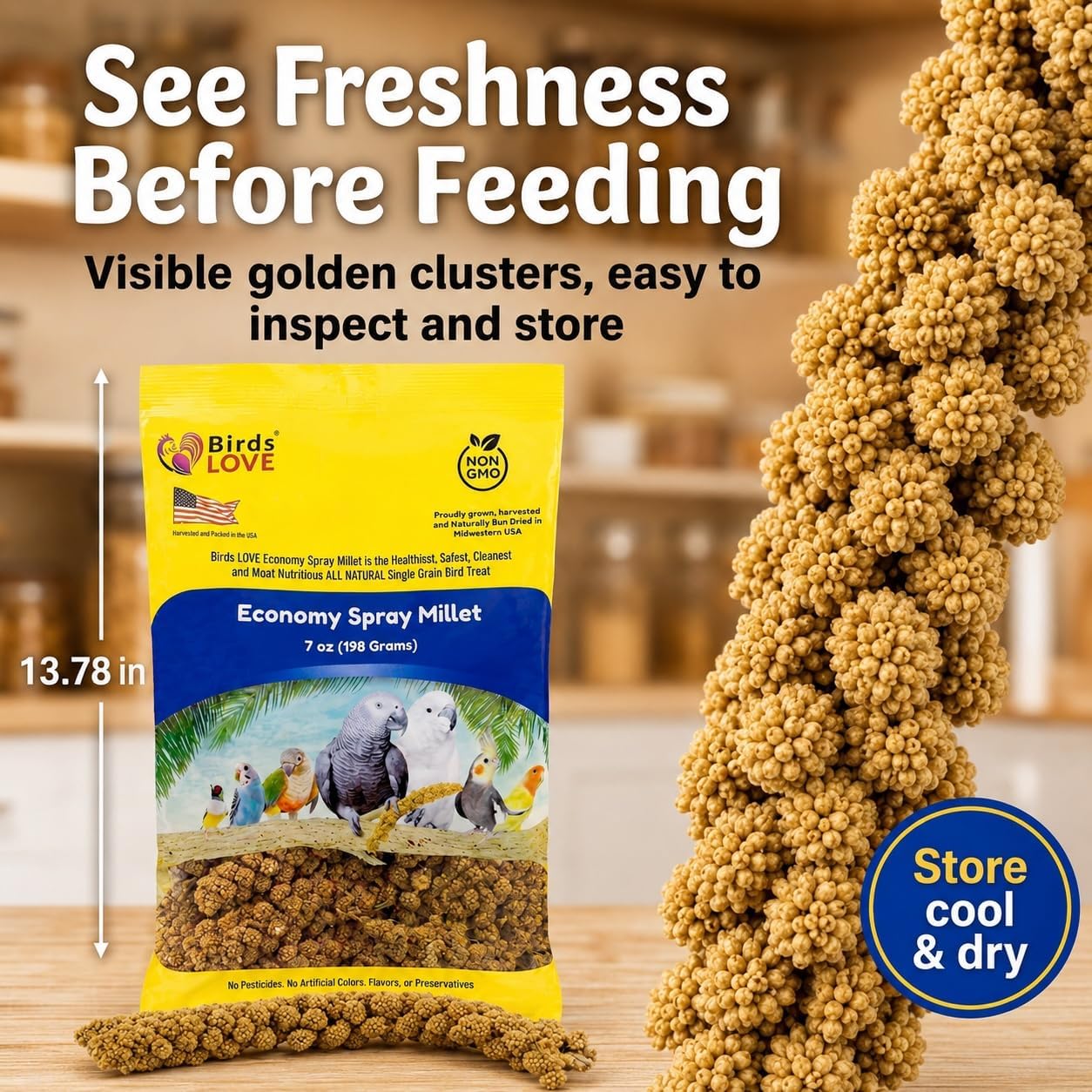Birds LOVE® Economy Spray Millet for Birds, 7 oz, GMO-Free Natural Millet Spray Treat, Stem-Reduced Edible Tops, Grown in USA, for Parakeets, Cockatiels, Lovebirds, Finches, Canaries -Pack of 2 - Image 5