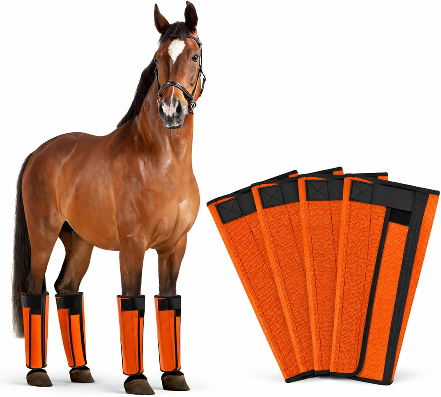 Fly Boots for Horses Set of 4, Horse Fly Boots with Reinforced Stitching, Extra-Wide Adjustable Hook & Loop Strap for Secure Fit, Breathable Mesh Fly Leg Wraps for Horse (4Pack, Orange)