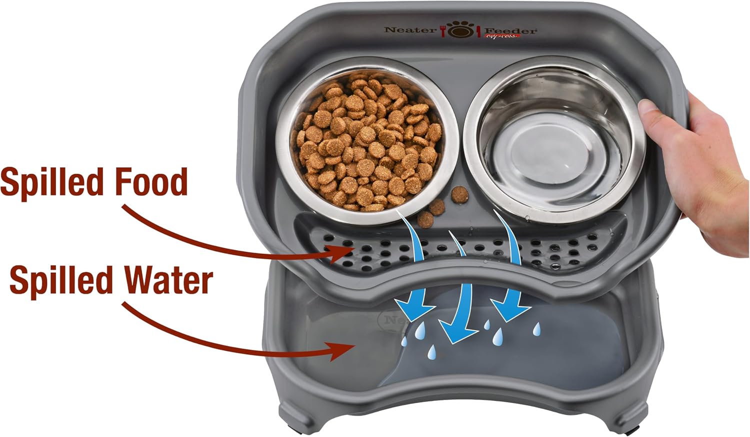 Neater Feeder Express Mess Proof Cat Bowls Elevated, No Spill Feeding Station, Stainless Steel Dishes for Food and Water, Raised Bowls for Indoor Cats, No Fatigue Whisker Friendly Dish, Grey - Image 3