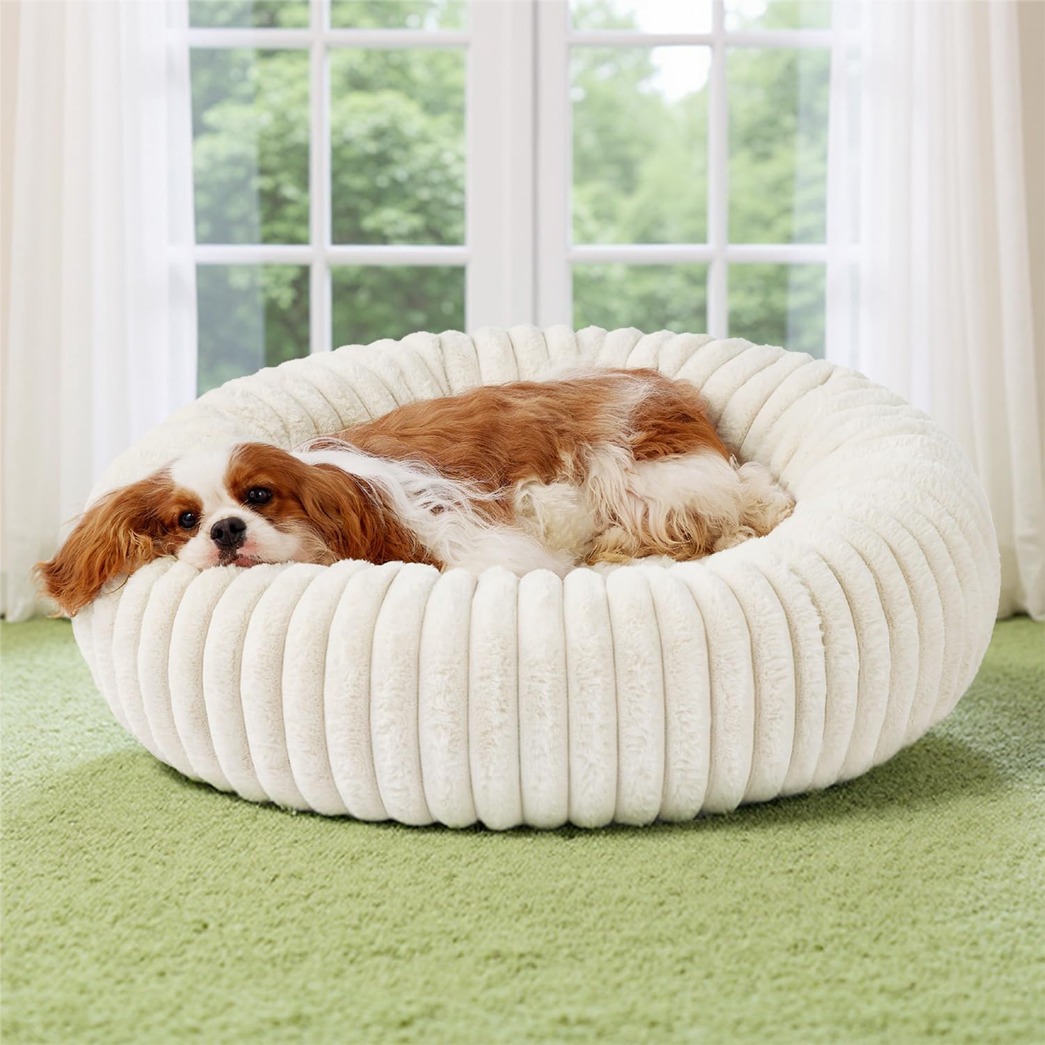 Bedsure ComfyFleece™ Donut Medium Dog Bed - Washable Faux Fur with Corduroy Fleece & Anti Slip Bottom, Round Pet Bed with Removable Cover, Cream, 30x30x8 inches