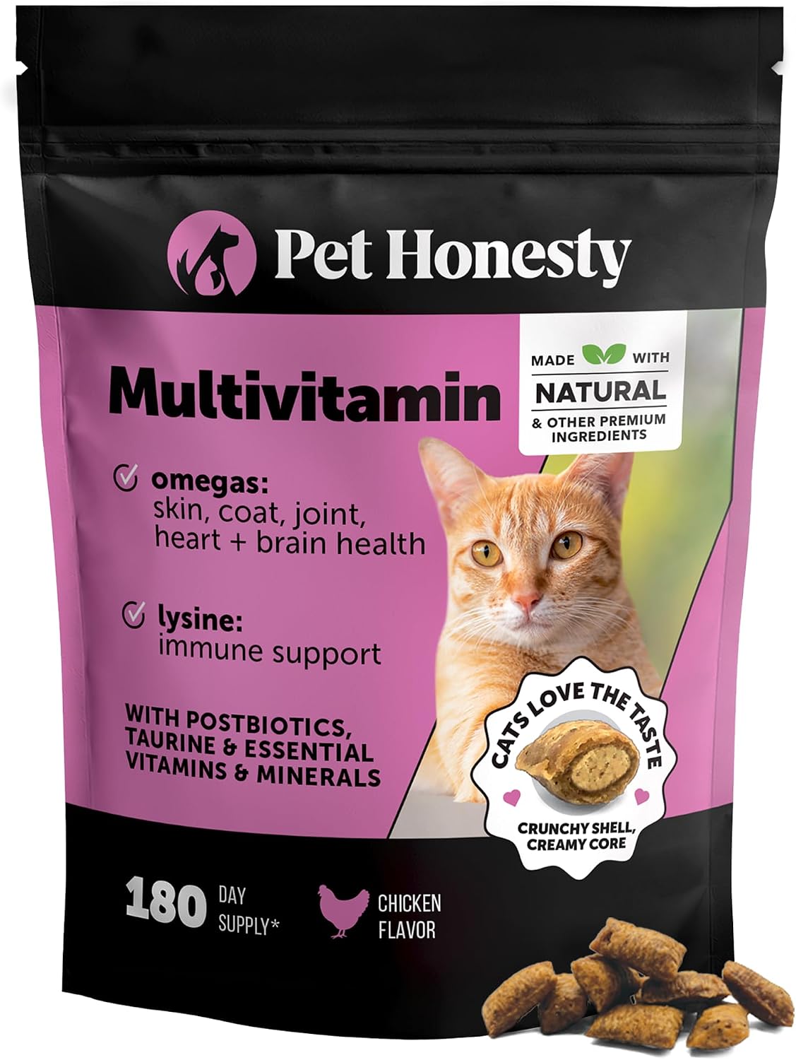 Cat Multivitamin Crunchy Creamy Chews - Daily Vitamins with Lysine, Prebiotics, Omega 3 Fish Oil - Cat Treats for Immune Support, Skin Coat, Digestion, Heart + Joint Health (180 Day Supply)