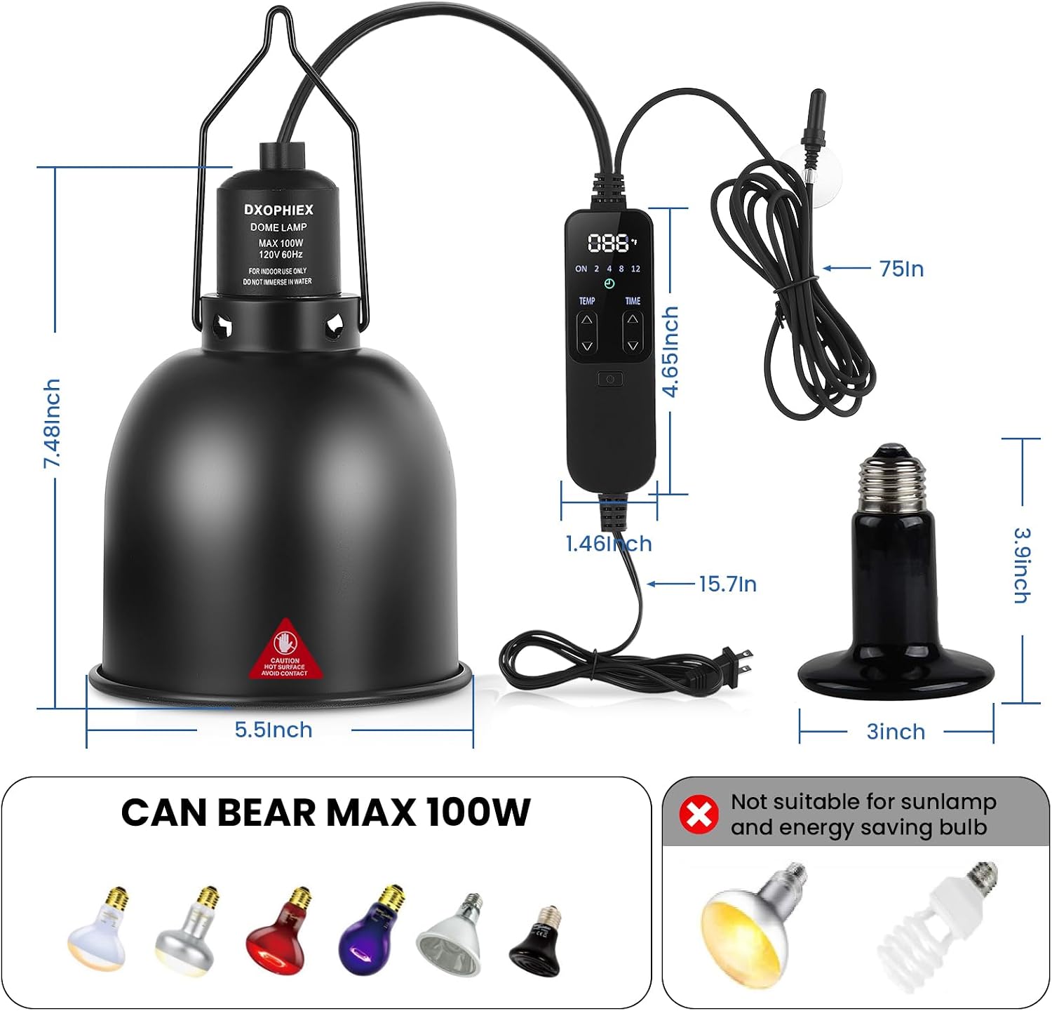 DXOPHIEX 5.5inch deep Reptile Light Fixture Reptile Heat lamp with Thermostat, max 100W Fixture with 100W Ceramic Heat Emitter for Turtle, Frog, Gecko, Snake, Lizard, Bearded Dragon - Image 5