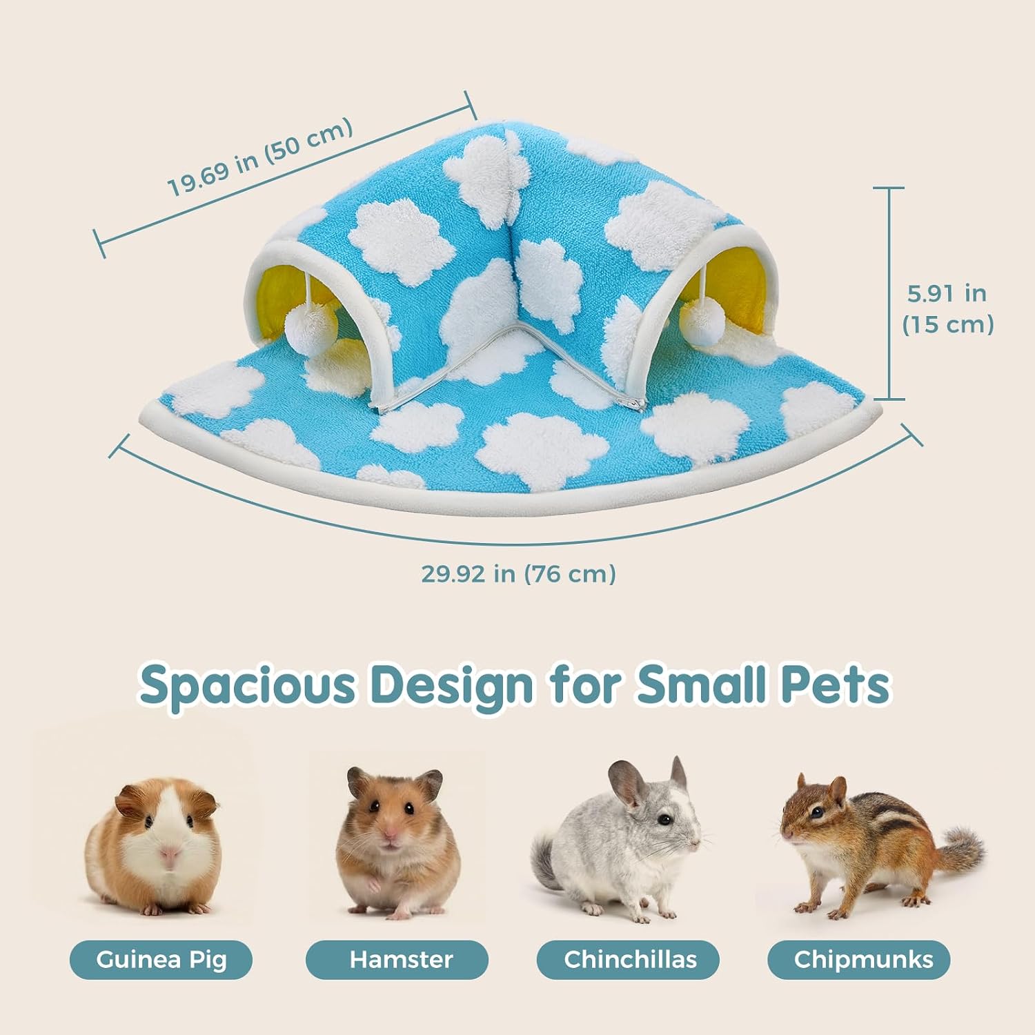 Avont Guinea Pig Tunnel Bed, Washable Hideout for Small Pets | Soft Plush Fleece, for Guinea Pigs, Hamsters, Chinchillas, Dwarf Rabbits & Others, Available in Cloud/Star Pattern - Image 3