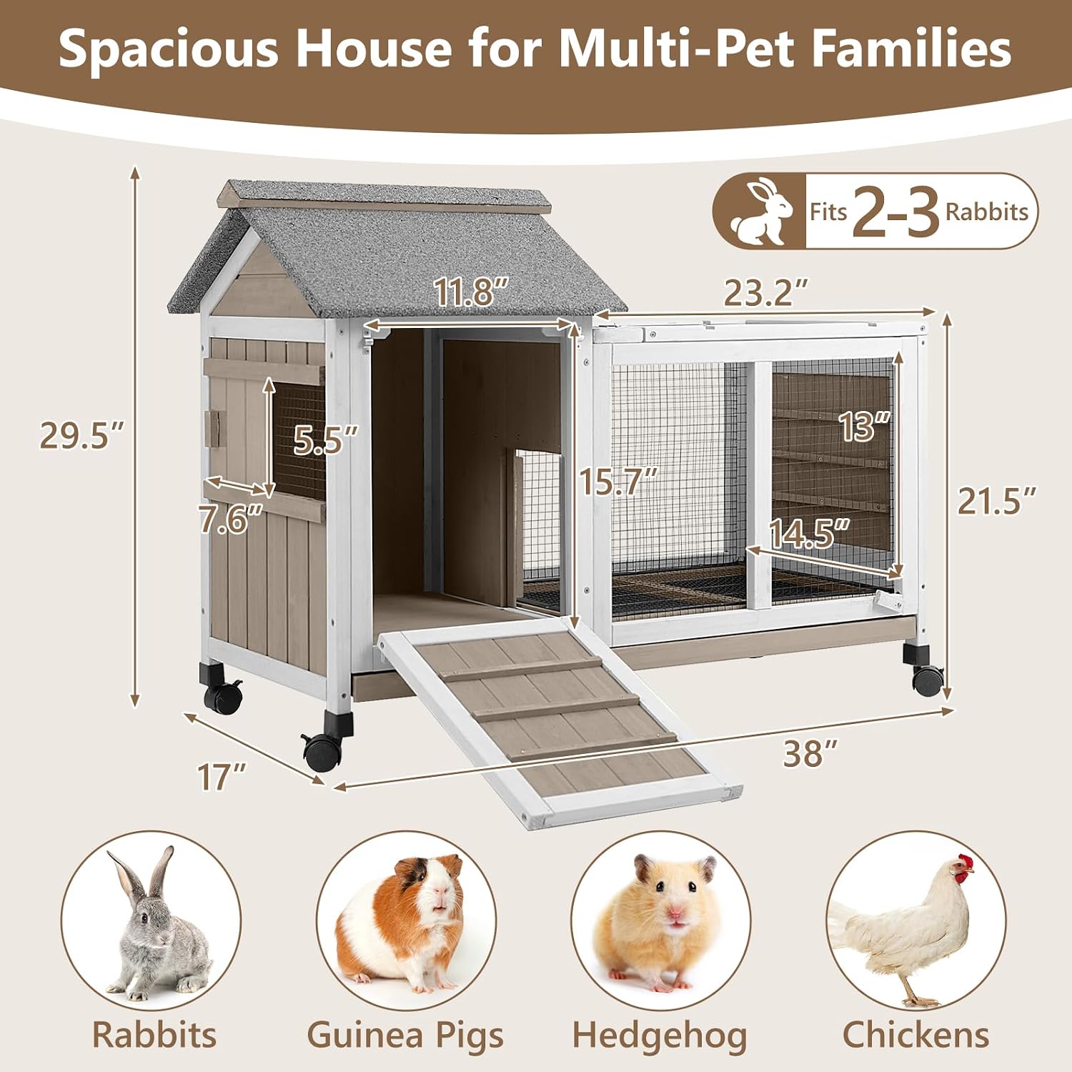 38''L Rabbit Hutch Outdoor with Wheels, Wooden Expandable 2 Story Bunny House Rabbit Cage Indoor with Run, Pull Out Tray, Waterproof Roof, Guinea Pig Cage Chicken Coop for Small to Medium Pets - Image 3