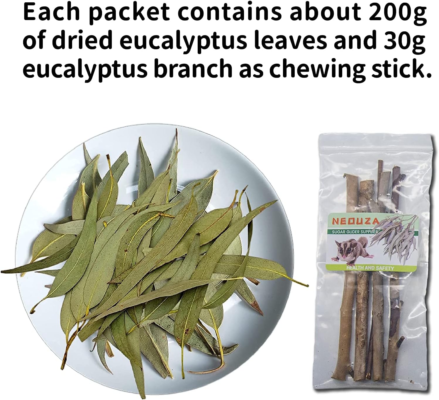 NEOUZA Sugar Glider Small Animal Bedding, Chew Treats, Molar Toys, 7oz/200g Natural Dried Eucalyptus Leaves and Twigs for Sugar Gliders, Aromatic & Decorative Use - Image 2