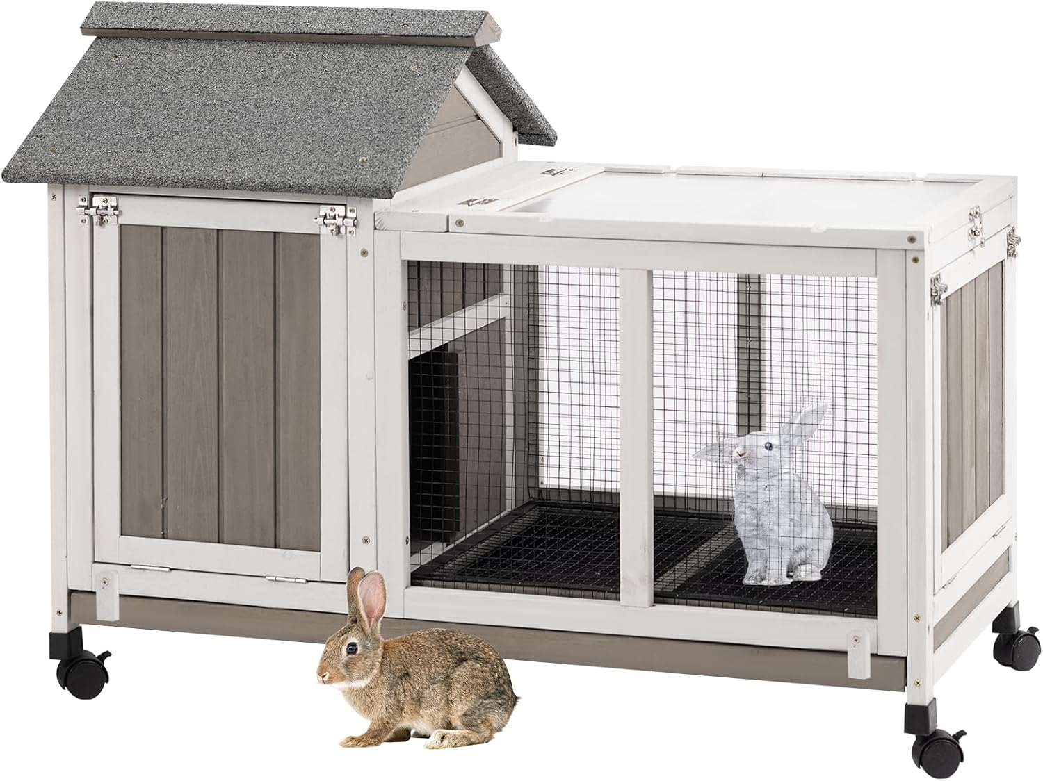 Gowoodhut 38.19"L Rabbit Hutch Indoor and Outdoor with 4 Wheels,Wooden Rabbit Cage with Pull Out Leak-Proof Tray for 1-2 Rabbits,Bunny Hutch with Asphalt Roof Suitable for Garden,Park,Living Room,Grey