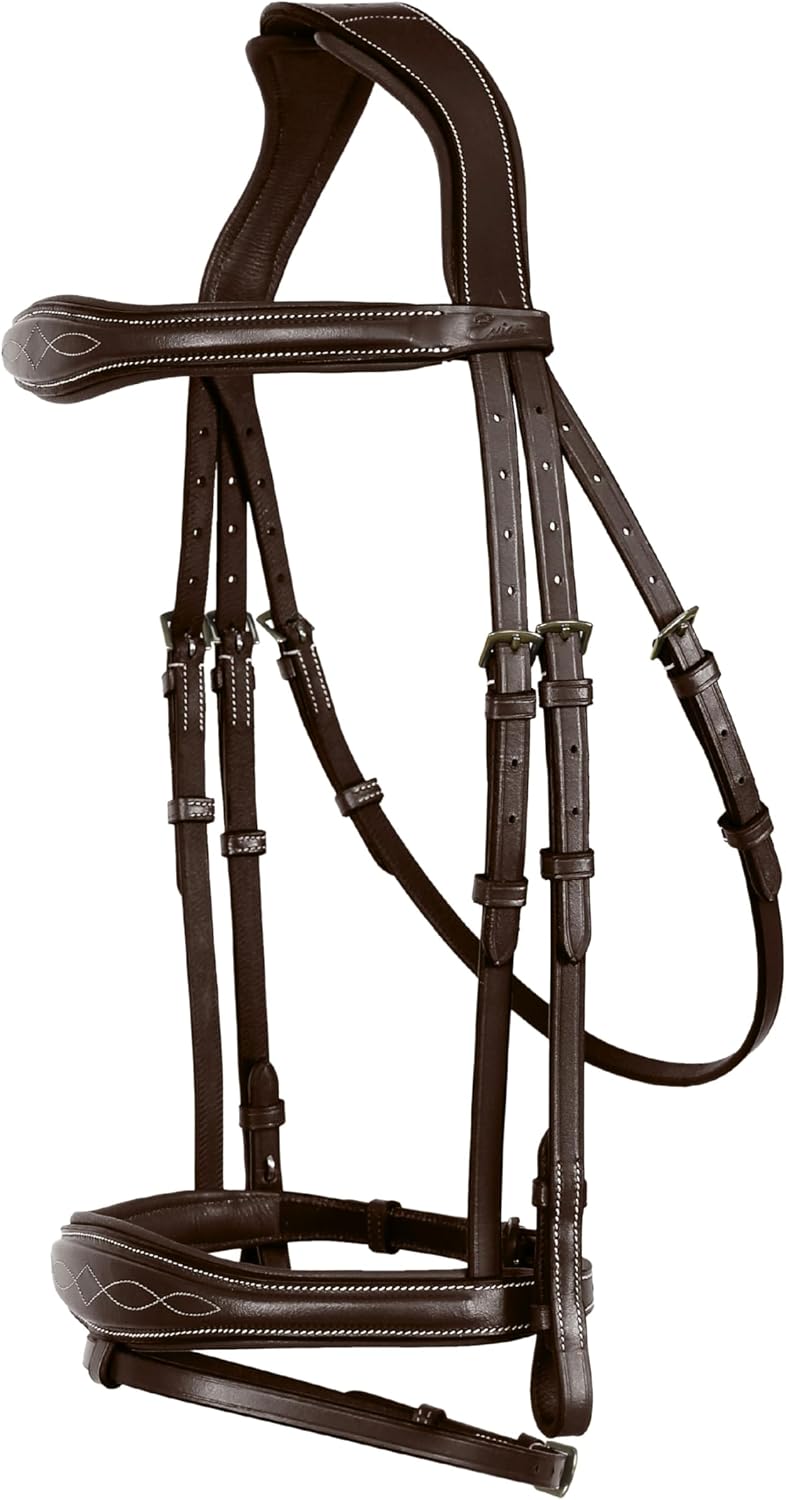 English Horse Bridle with Anatomic Crank Noseband & Detachable Flash | Vegetable Tanned Leather Jumping Bridle, Ergonomic Pressure Relief Crownpiece | Reins Included | Black, Brown