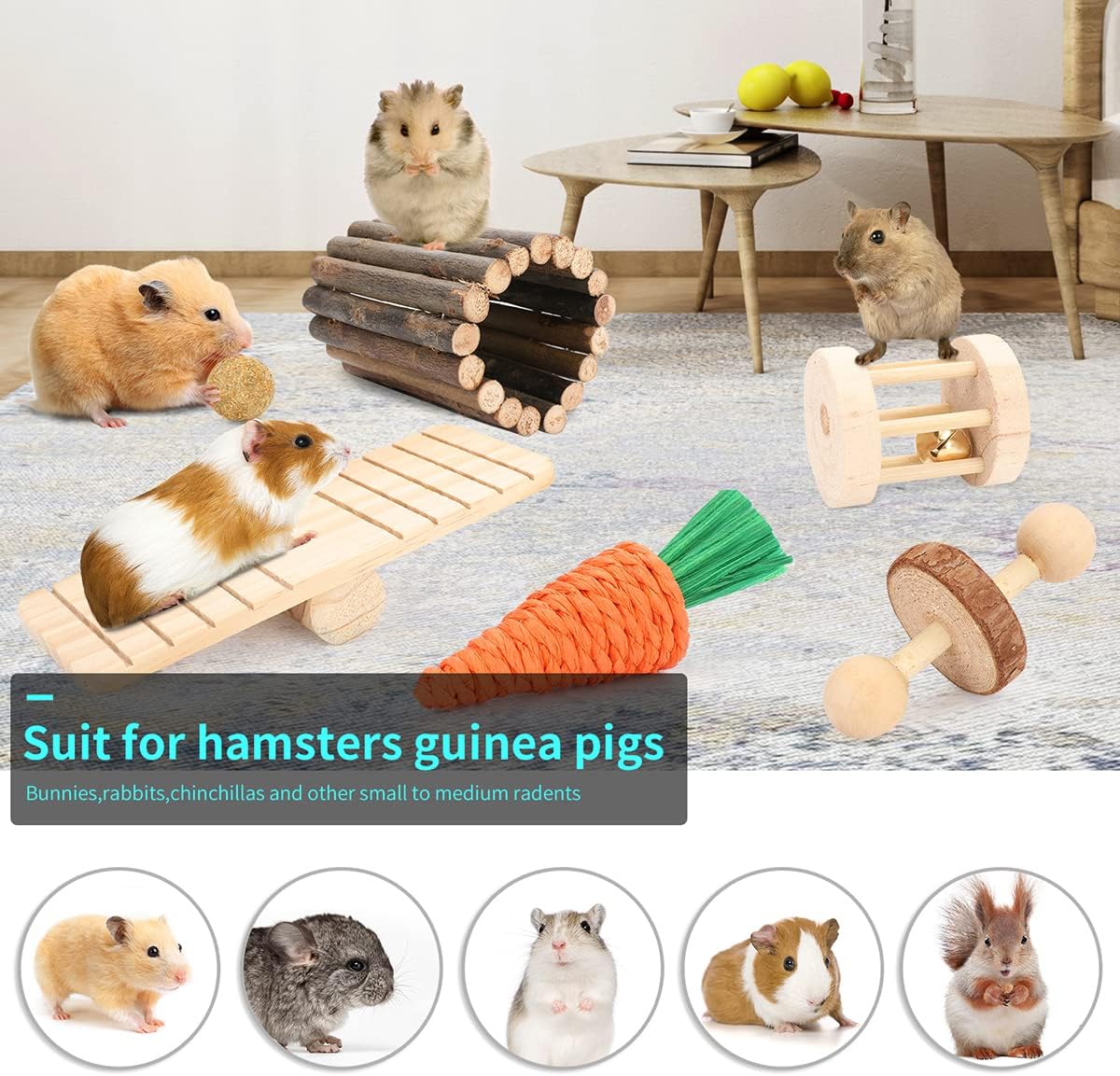 Hamster Toys Guinea Pig Toys Hamster Wheel Hamster Cage Accessories Small Animal Molar Chew Toys for Chinchillas,Gerbils,Mice,Rats,Mouse,Rabbit,Bunny Hideout Seesaw (12 Different chew Toys) - Image 3