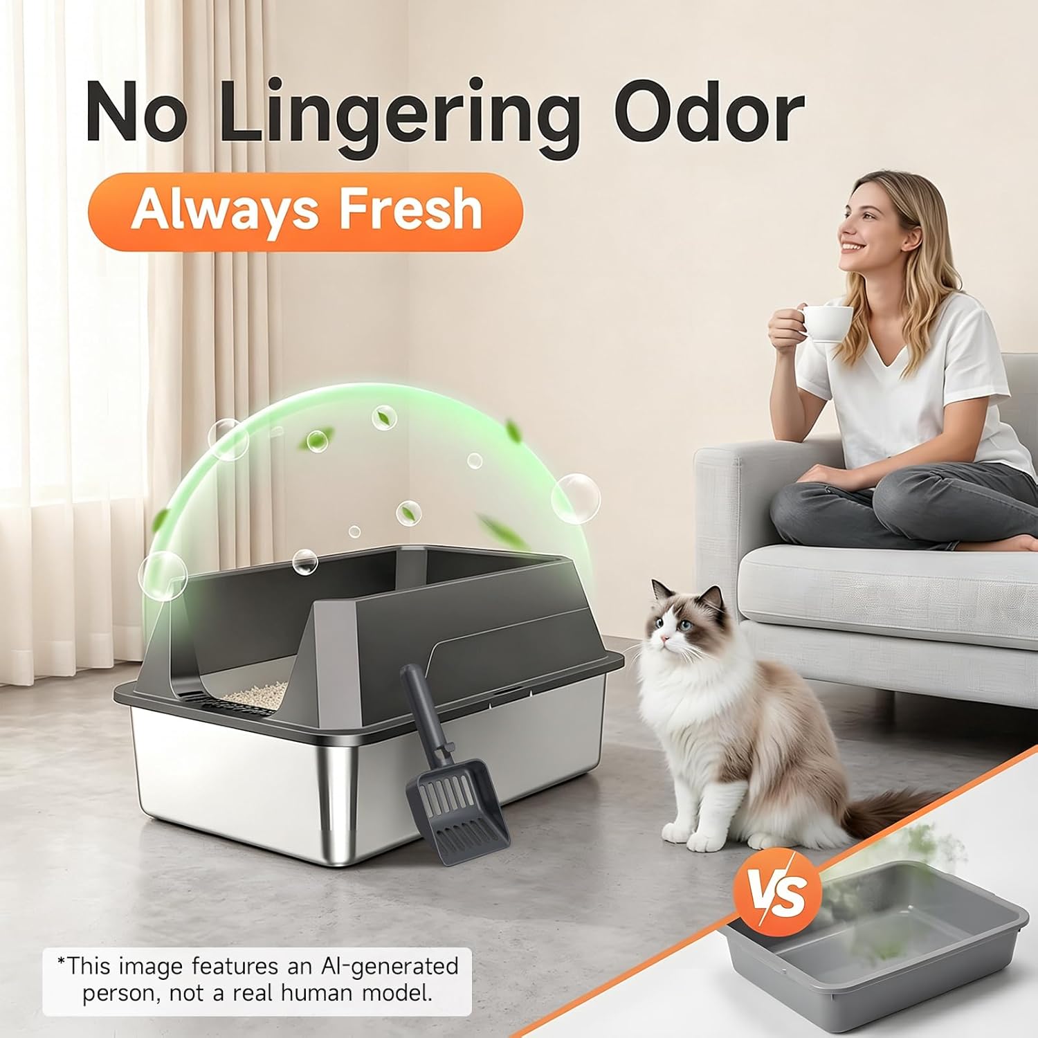 Stainless Steel Litter Box with High Sides, XL High Sided Cat Litter Pan, Open Top Extra Large Metal Cat Litter Box, Non-Stick, Odor Free, Leakproof, Scoop Included, Gray - Image 5