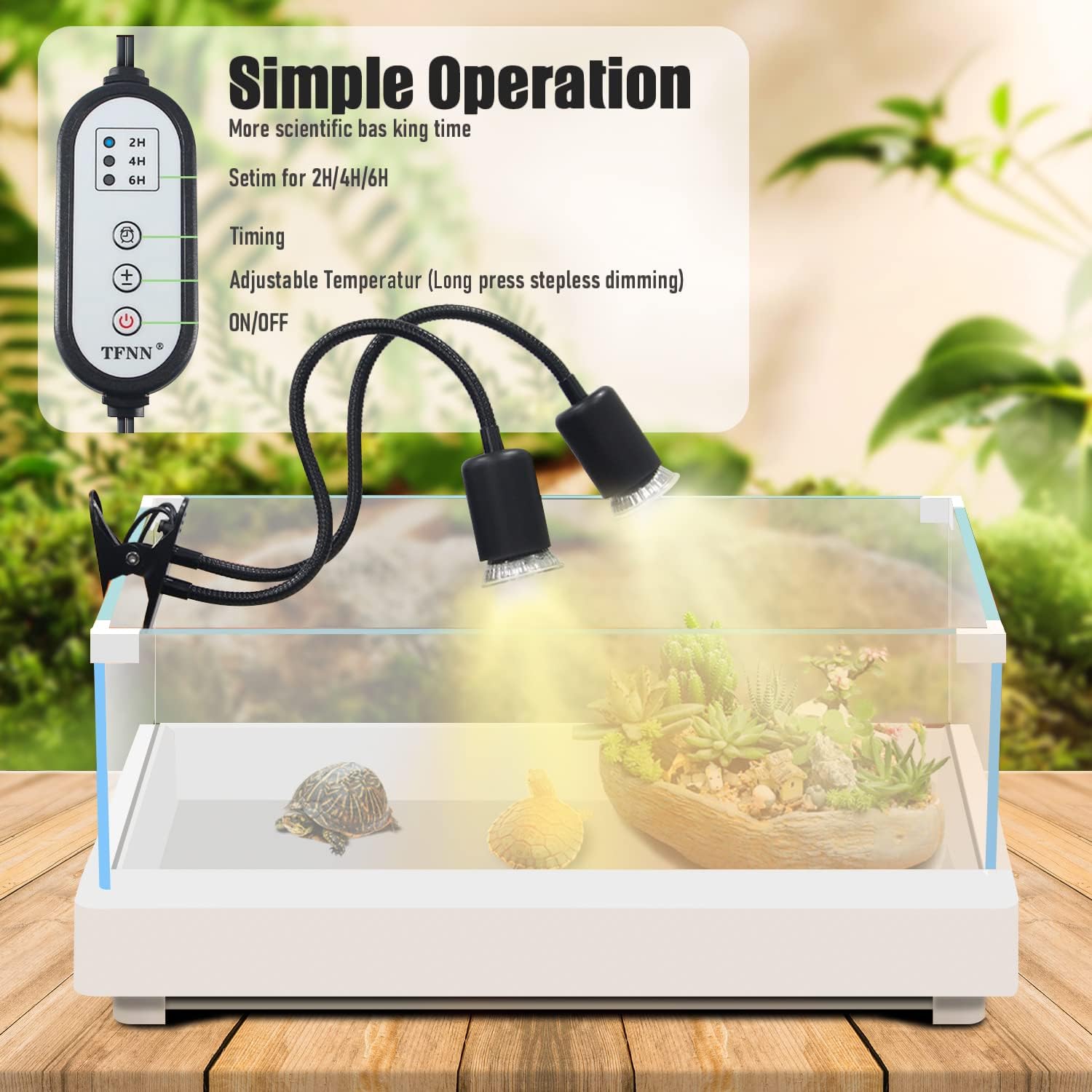 TFNN Reptile Heat Lamp, Double-Head Heat Lamp with Clamp, UVA UVB Reptile Light with Intelligent Cycle Timer for Turtle, Bearded Dragon, Lizard and More, 2 Bulbs 25W+50W - Image 2