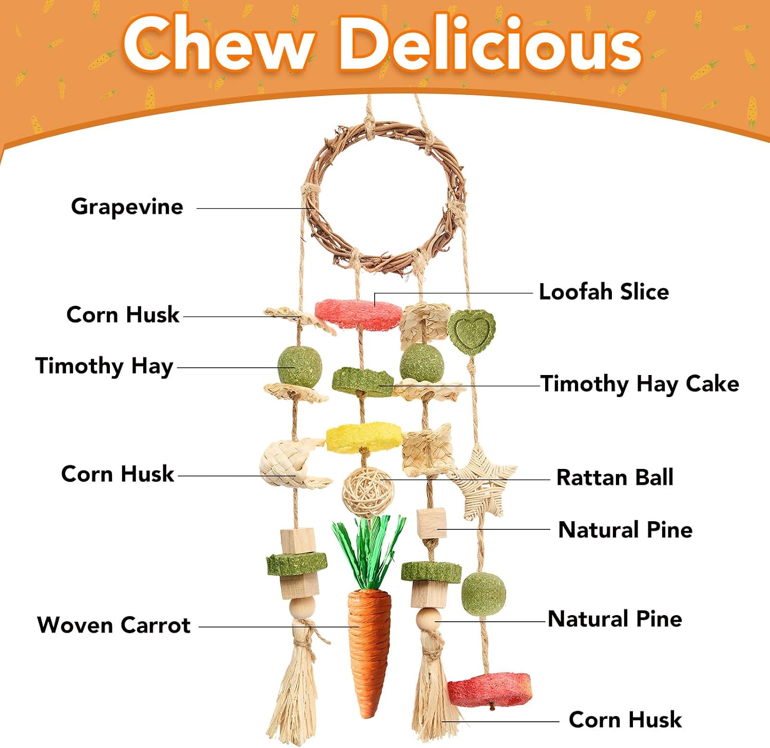 Jorewood Rabbit Chew Toys Bunny Cage Hanging Toy and Treats Rattan Ring with Snacks for Rodent Pets Teeth Healthy - Image 5